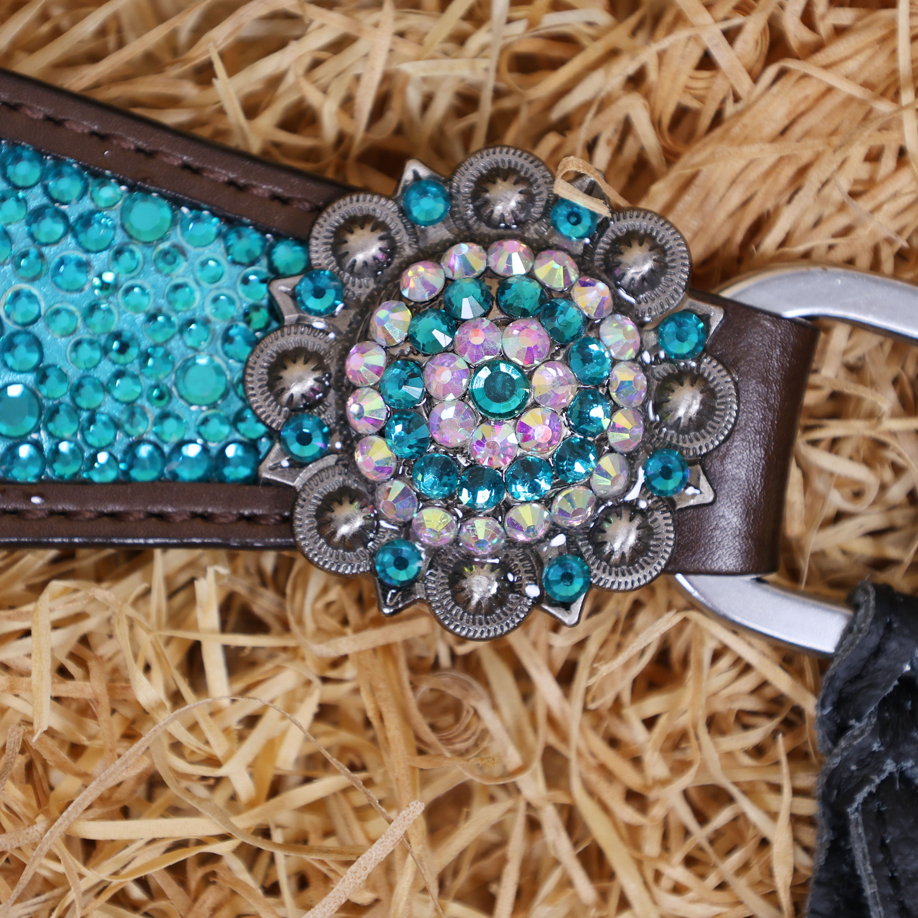 MOUSM Western Headstall and Breast Collar Set – Argentina Cow Leather Horse Tack Set Decorated with Turquoise Green Rhinestones on Gladiator Breast Collar with Roping and Bling Conchos.
