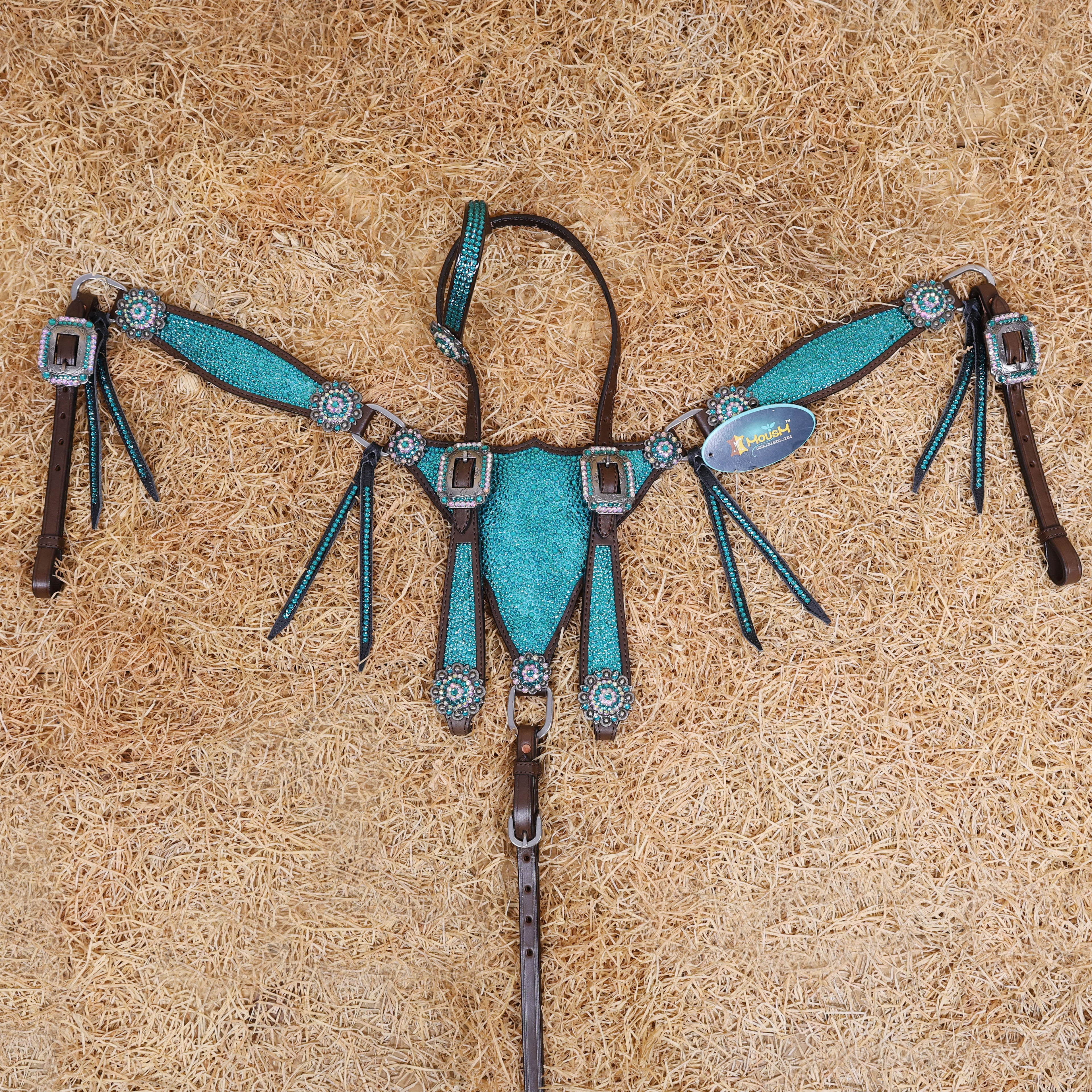 MOUSM Western Headstall and Breast Collar Set – Argentina Cow Leather Horse Tack Set Decorated with Turquoise Green Rhinestones on Gladiator Breast Collar with Roping and Bling Conchos.