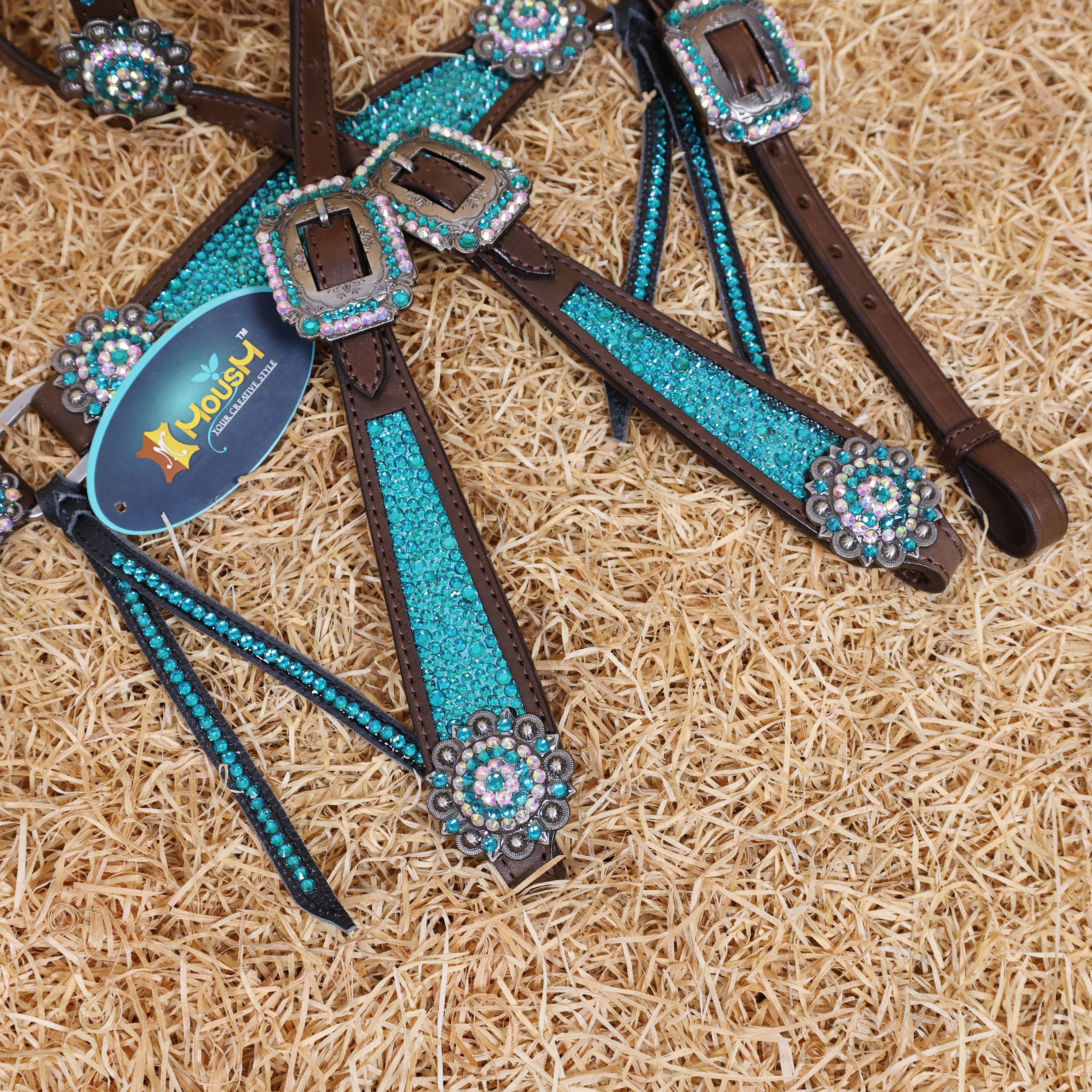 MOUSM Western Headstall and Breast Collar Set – Argentina Cow Leather Horse Tack Set Decorated with Turquoise Green Rhinestones on Gladiator Breast Collar with Roping and Bling Conchos.