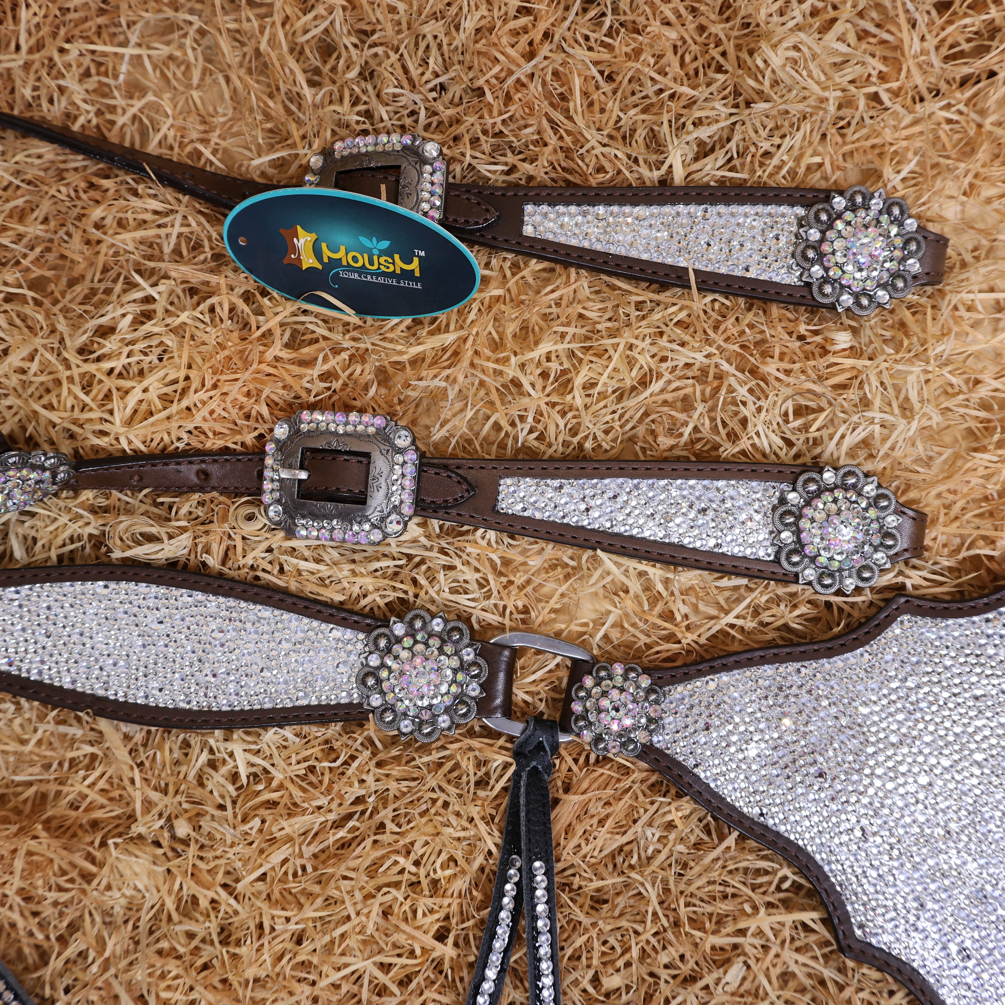 MOUSM Western Headstall and Breast Collar Set – Argentina Cow Leather Horse Tack Set Decorated with White Clear Rhinestones on Gladiator Breast Collar with Roping and Bling Conchos.