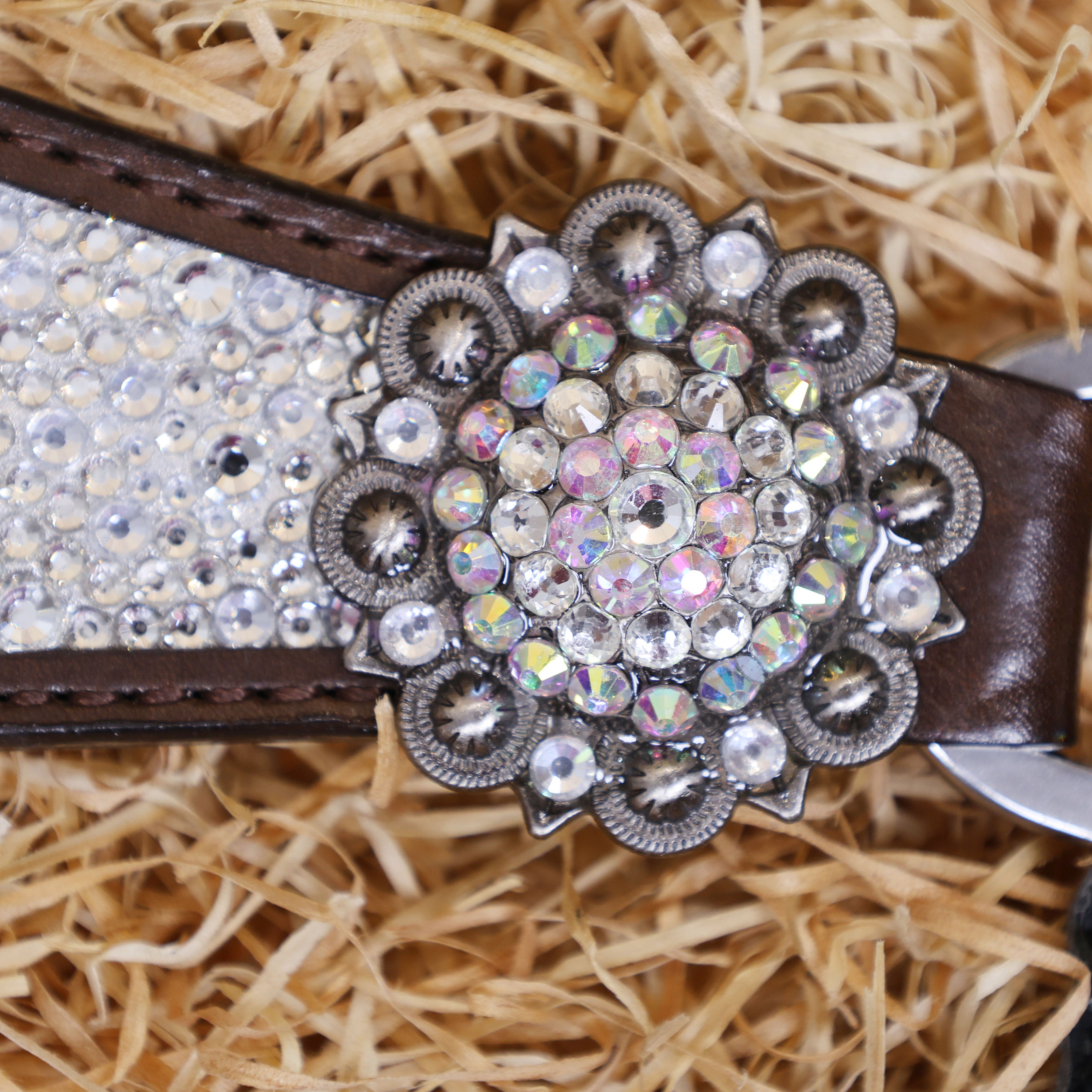 MOUSM Western Headstall and Breast Collar Set – Argentina Cow Leather Horse Tack Set Decorated with White Clear Rhinestones on Gladiator Breast Collar with Roping and Bling Conchos.
