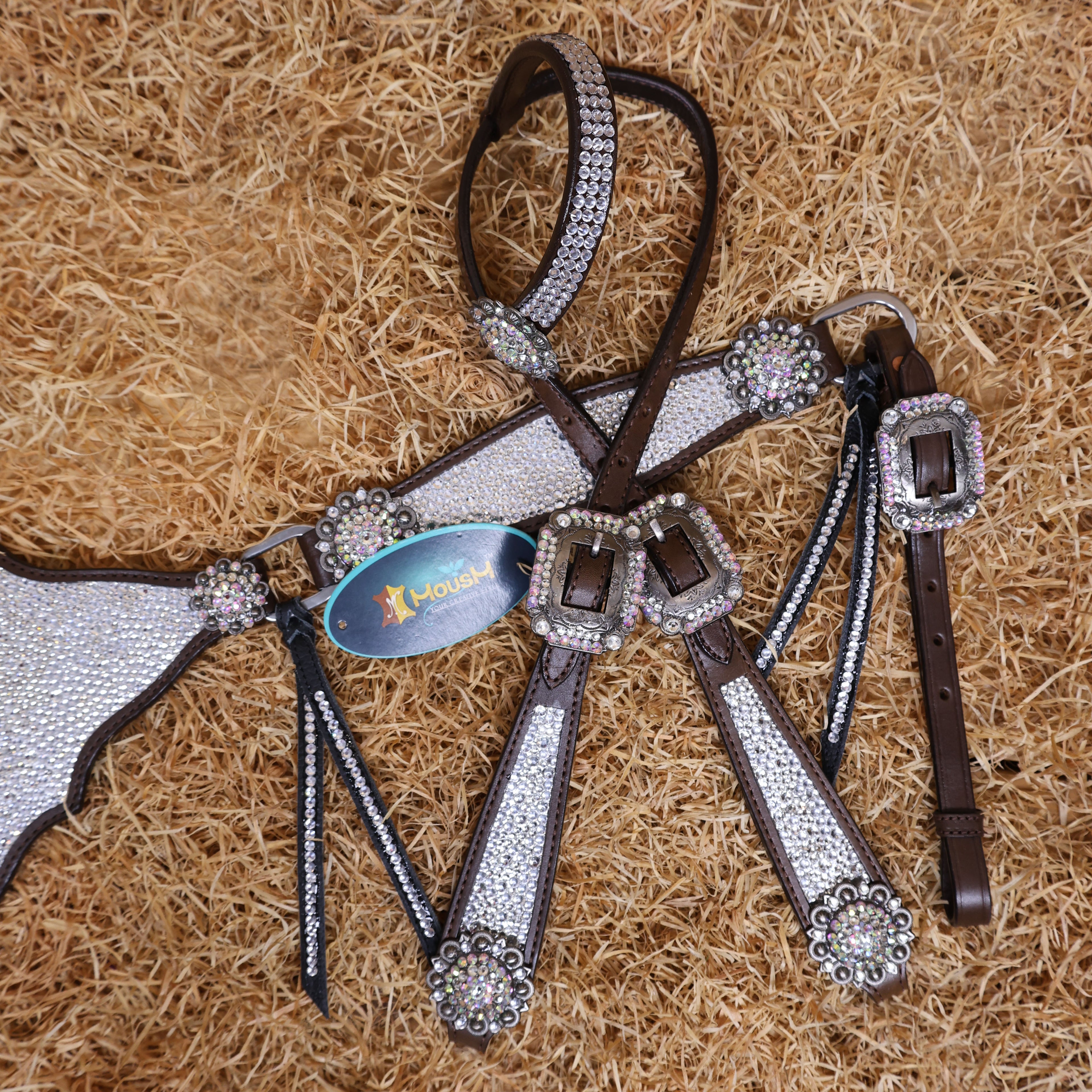 MOUSM Western Headstall and Breast Collar Set – Argentina Cow Leather Horse Tack Set Decorated with White Clear Rhinestones on Gladiator Breast Collar with Roping and Bling Conchos.