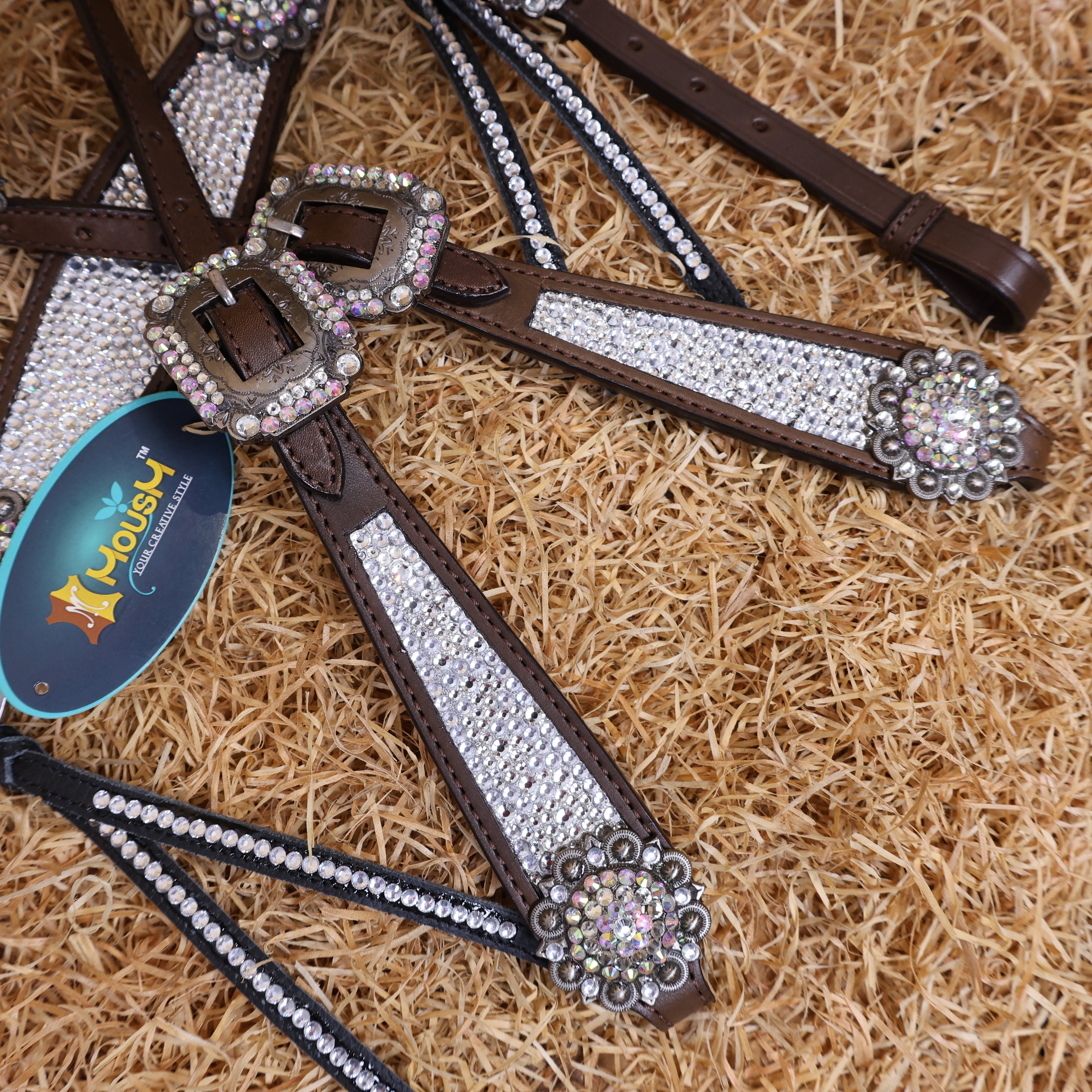 MOUSM Western Headstall and Breast Collar Set – Argentina Cow Leather Horse Tack Set Decorated with White Clear Rhinestones on Gladiator Breast Collar with Roping and Bling Conchos.