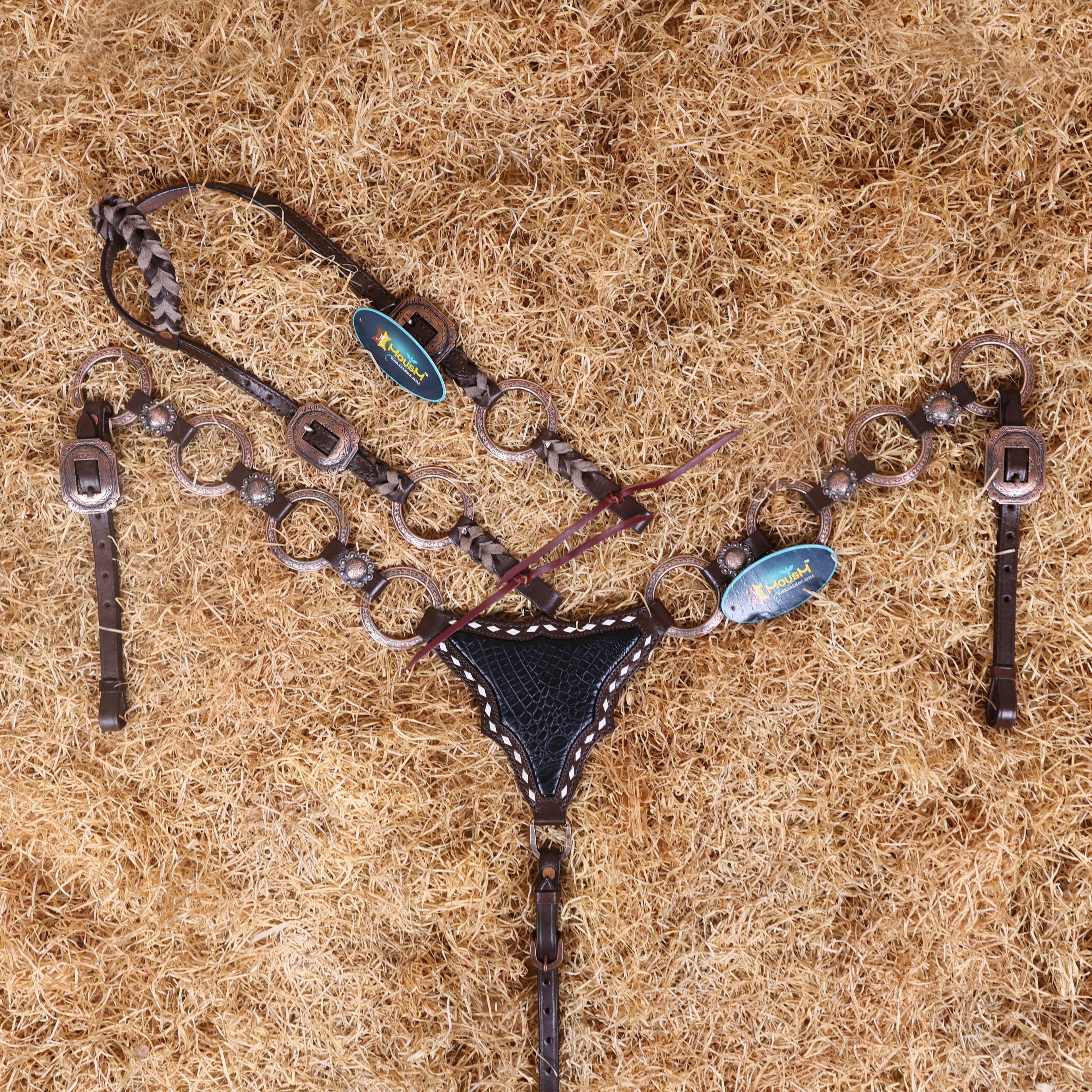 MOUSM Western Headstall and Breast Collar Set – Ring Headstall with Copper Rings and Cowhide Braiding, Breast Collar with Black Alligator Leather Patch and Buck Stitching.