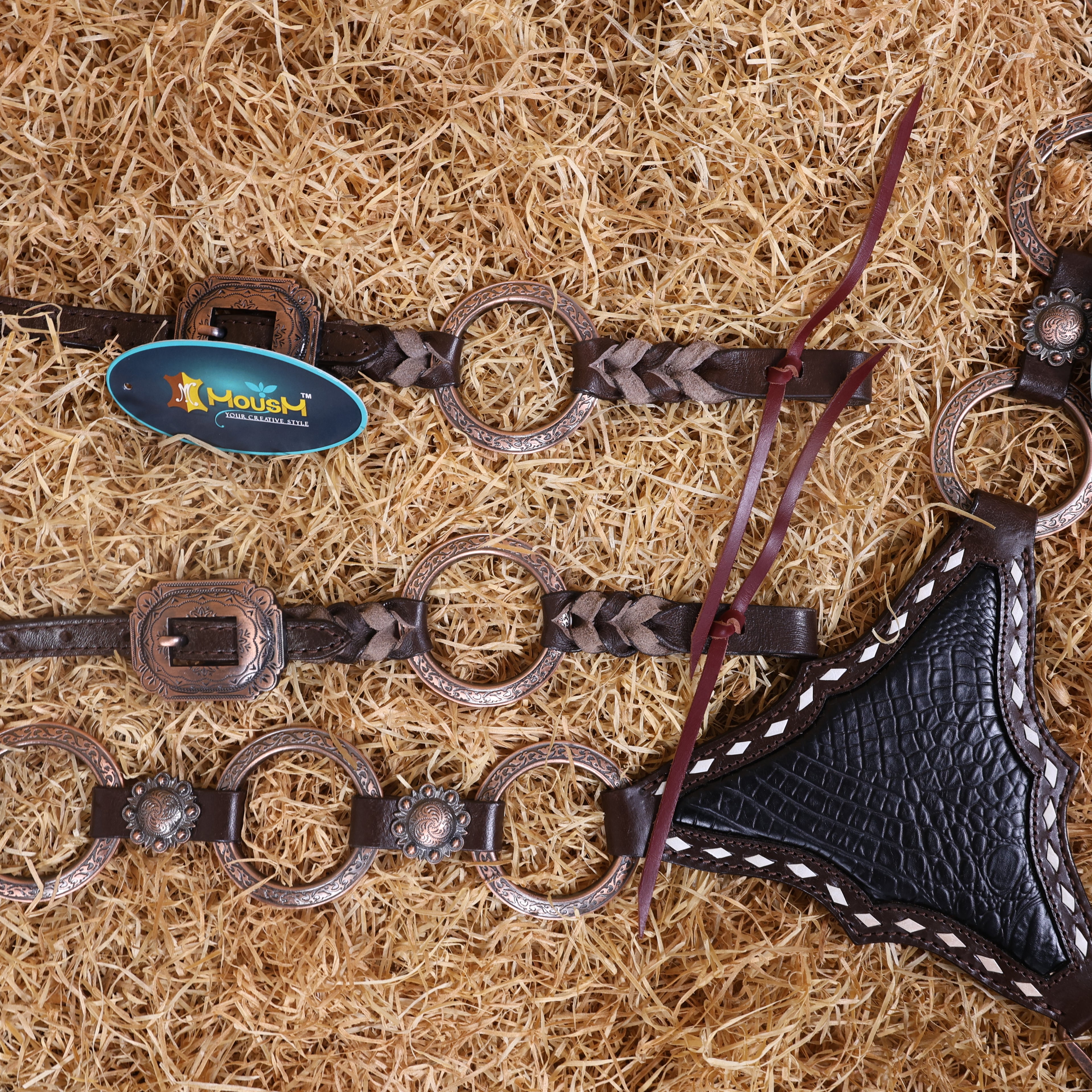 MOUSM Western Headstall and Breast Collar Set – Ring Headstall with Copper Rings and Cowhide Braiding, Breast Collar with Black Alligator Leather Patch and Buck Stitching.