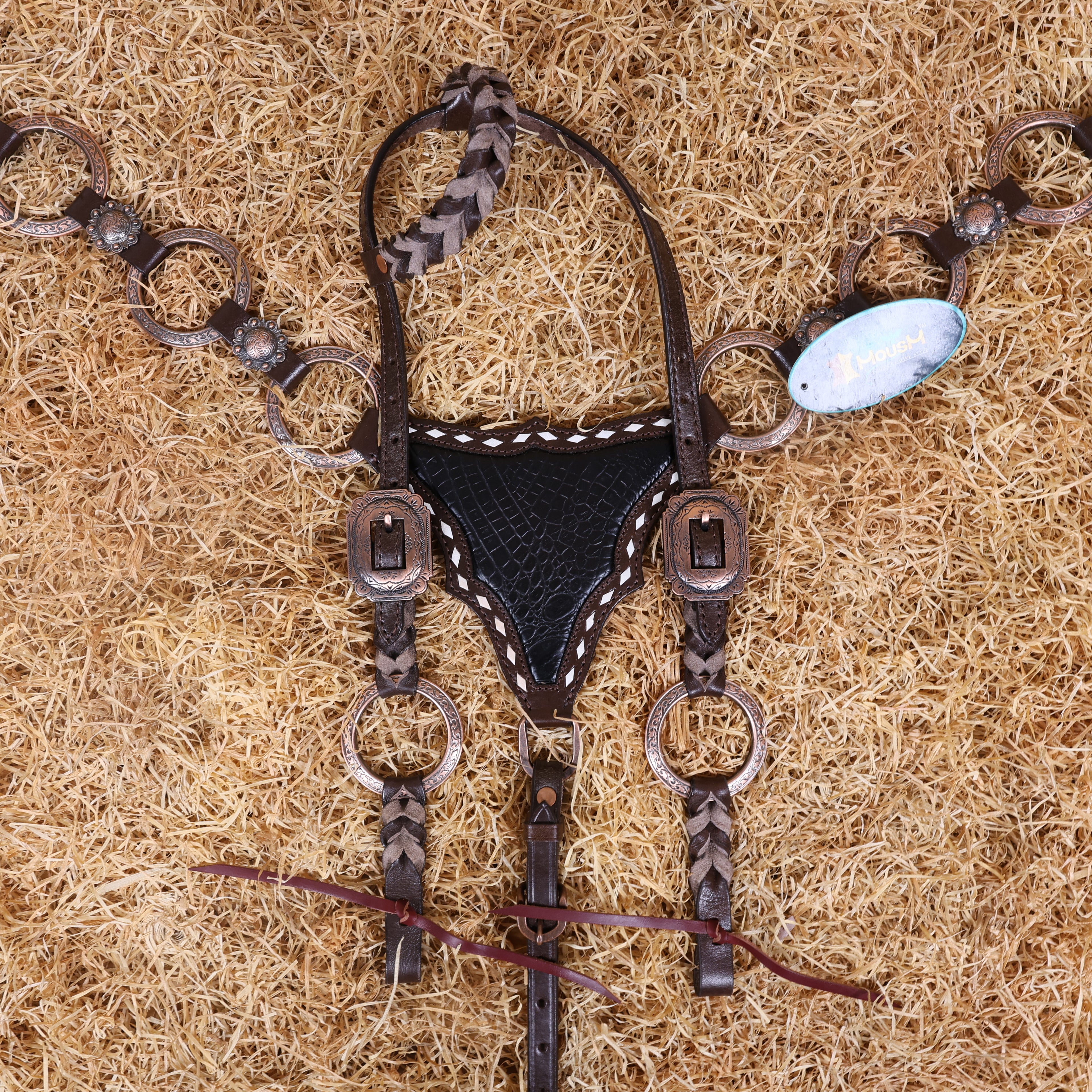MOUSM Western Headstall and Breast Collar Set – Ring Headstall with Copper Rings and Cowhide Braiding, Breast Collar with Black Alligator Leather Patch and Buck Stitching.