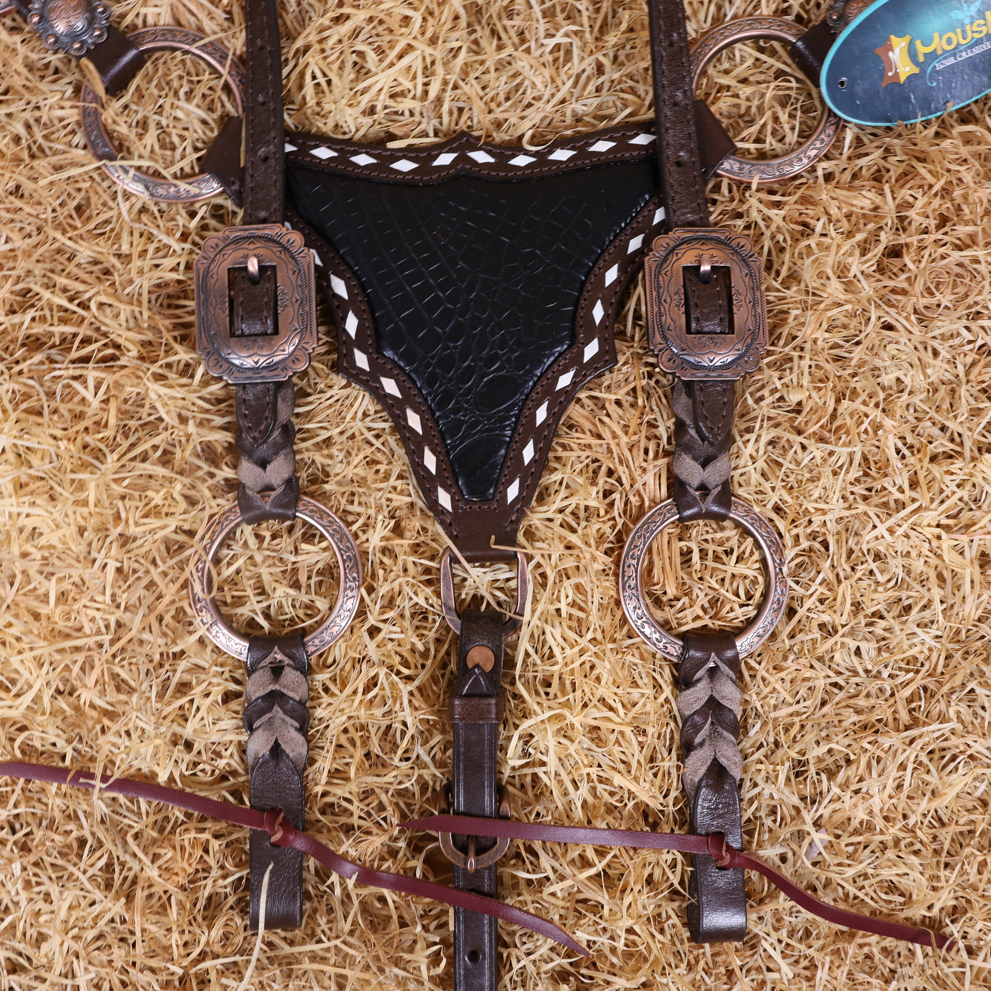 MOUSM Western Headstall and Breast Collar Set – Ring Headstall with Copper Rings and Cowhide Braiding, Breast Collar with Black Alligator Leather Patch and Buck Stitching.