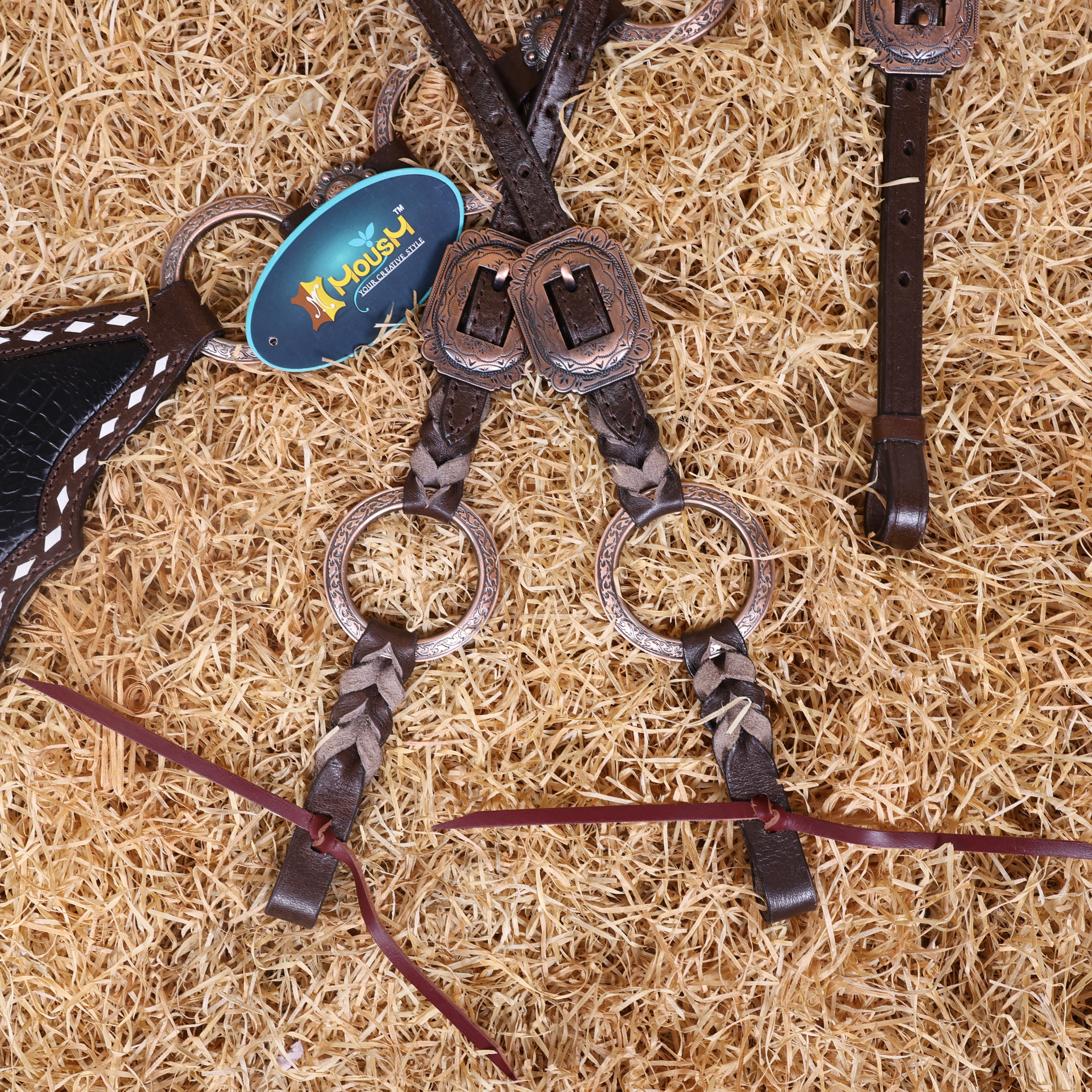 MOUSM Western Headstall and Breast Collar Set – Ring Headstall with Copper Rings and Cowhide Braiding, Breast Collar with Black Alligator Leather Patch and Buck Stitching.