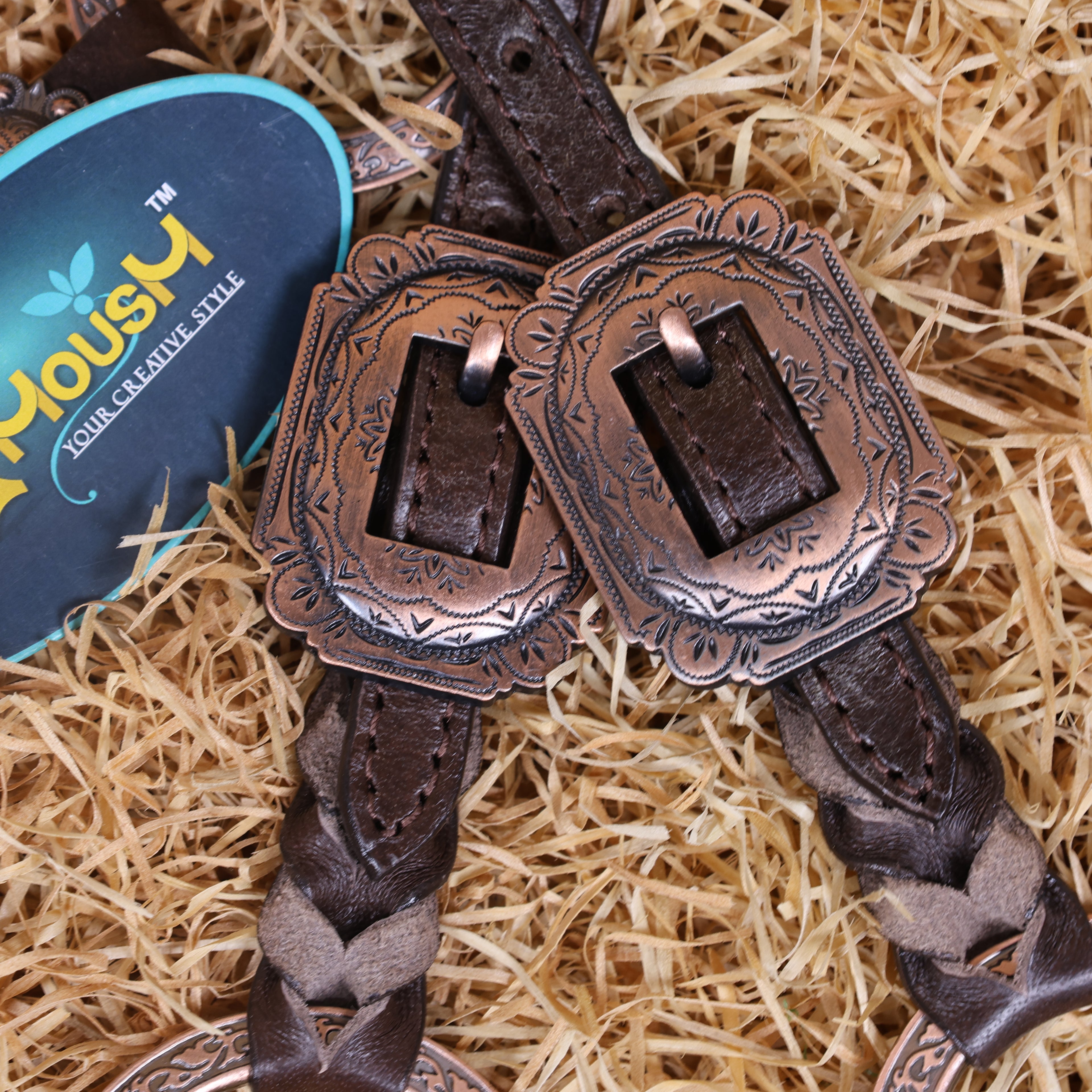 MOUSM Western Headstall and Breast Collar Set – Ring Headstall with Copper Rings and Cowhide Braiding, Breast Collar with Black Alligator Leather Patch and Buck Stitching.