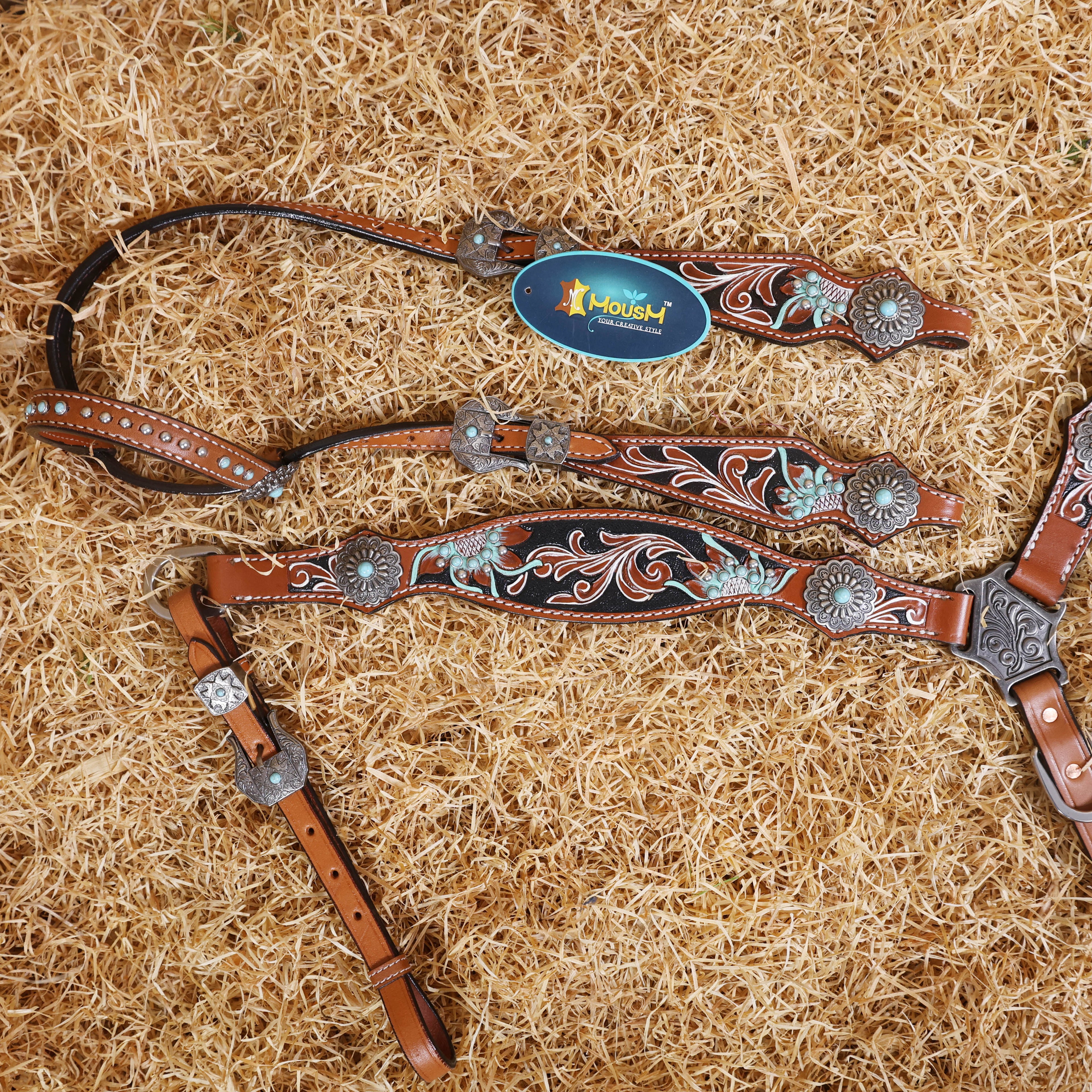 MOUSM Horse Headstall Set – Western Leather Headstall and Breast Collar Tack Set with Hand-Painted Floral Carving, Turquoise Stones, and Sunburst Conchos