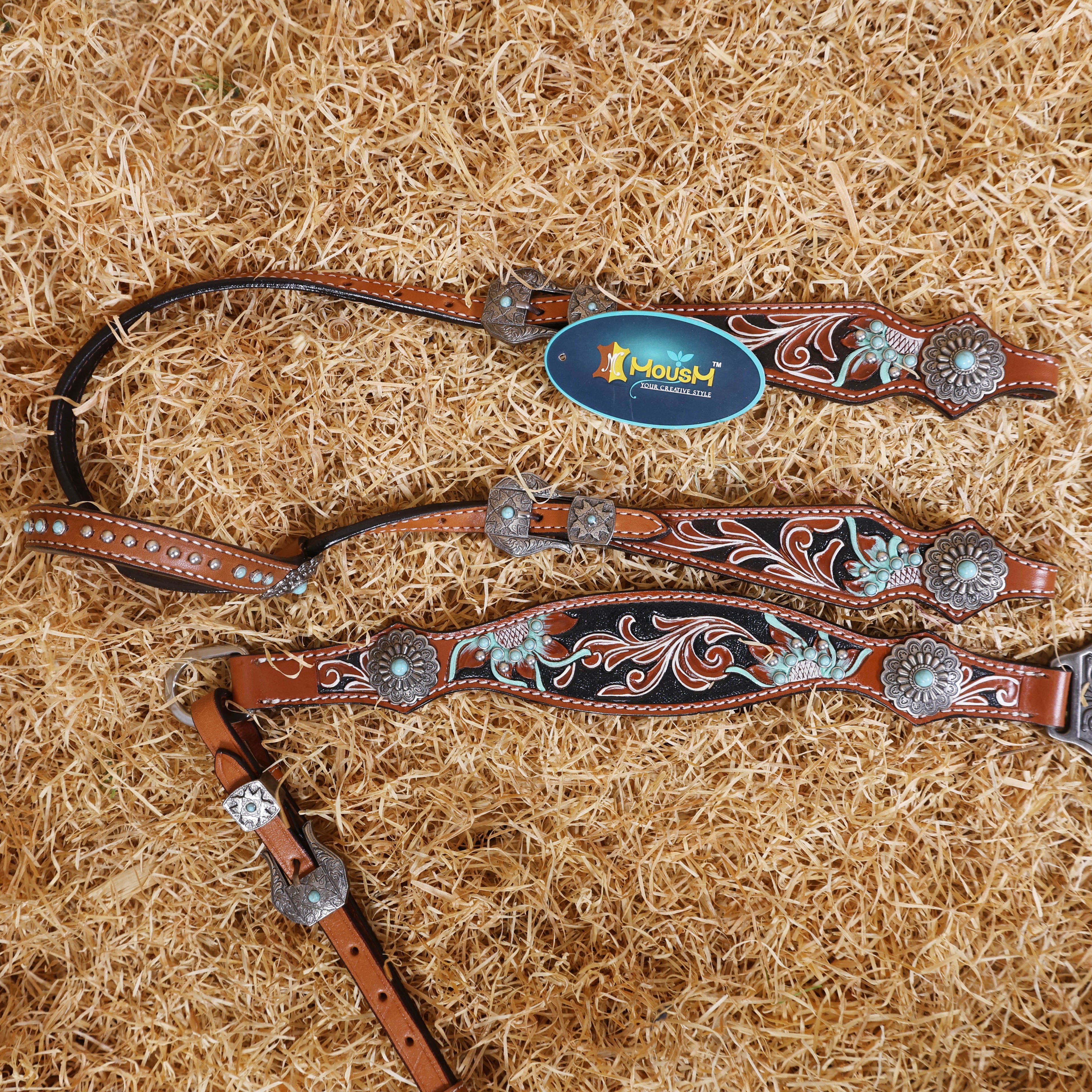 MOUSM Horse Headstall Set – Western Leather Headstall and Breast Collar Tack Set with Hand-Painted Floral Carving, Turquoise Stones, and Sunburst Conchos