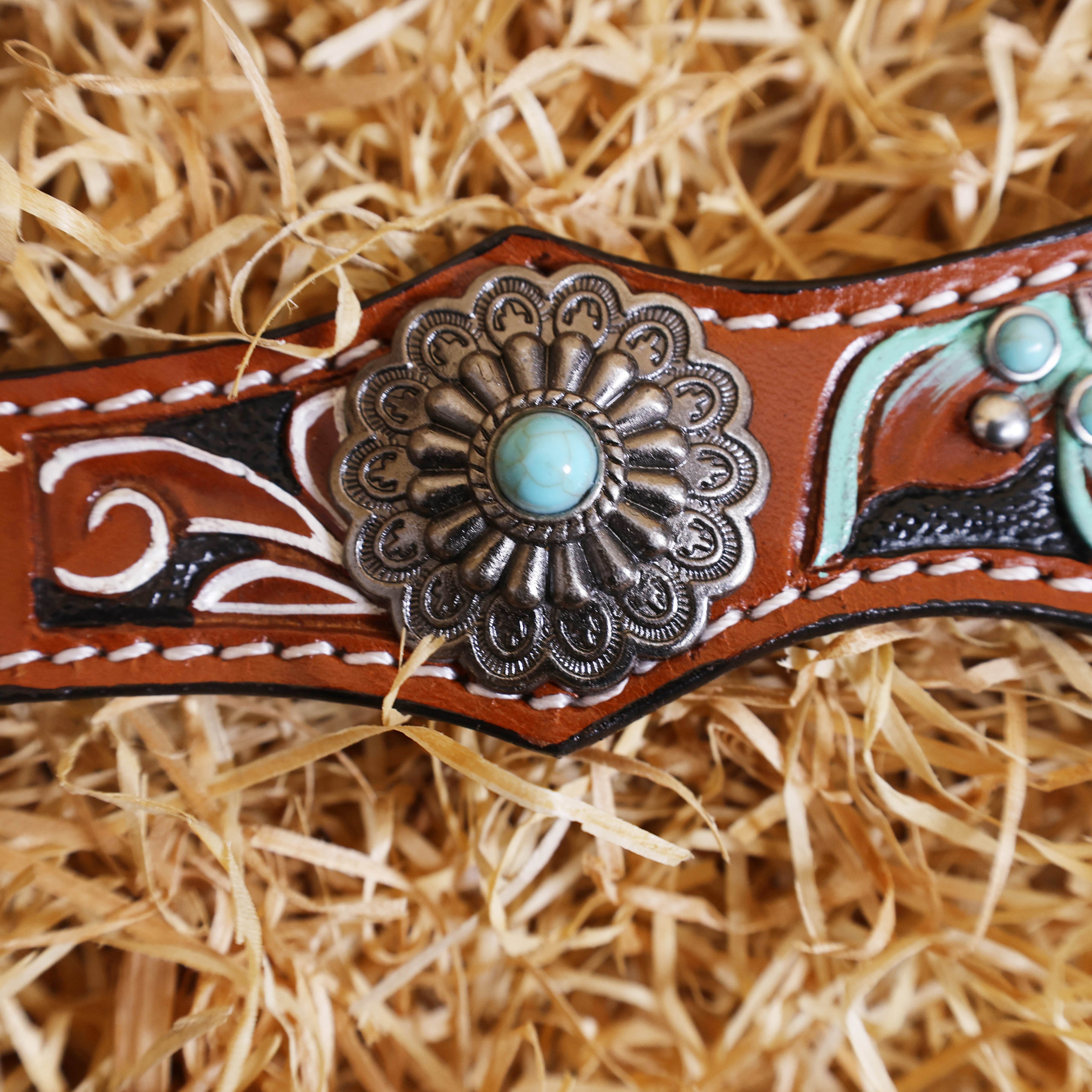 MOUSM Horse Headstall Set – Western Leather Headstall and Breast Collar Tack Set with Hand-Painted Floral Carving, Turquoise Stones, and Sunburst Conchos