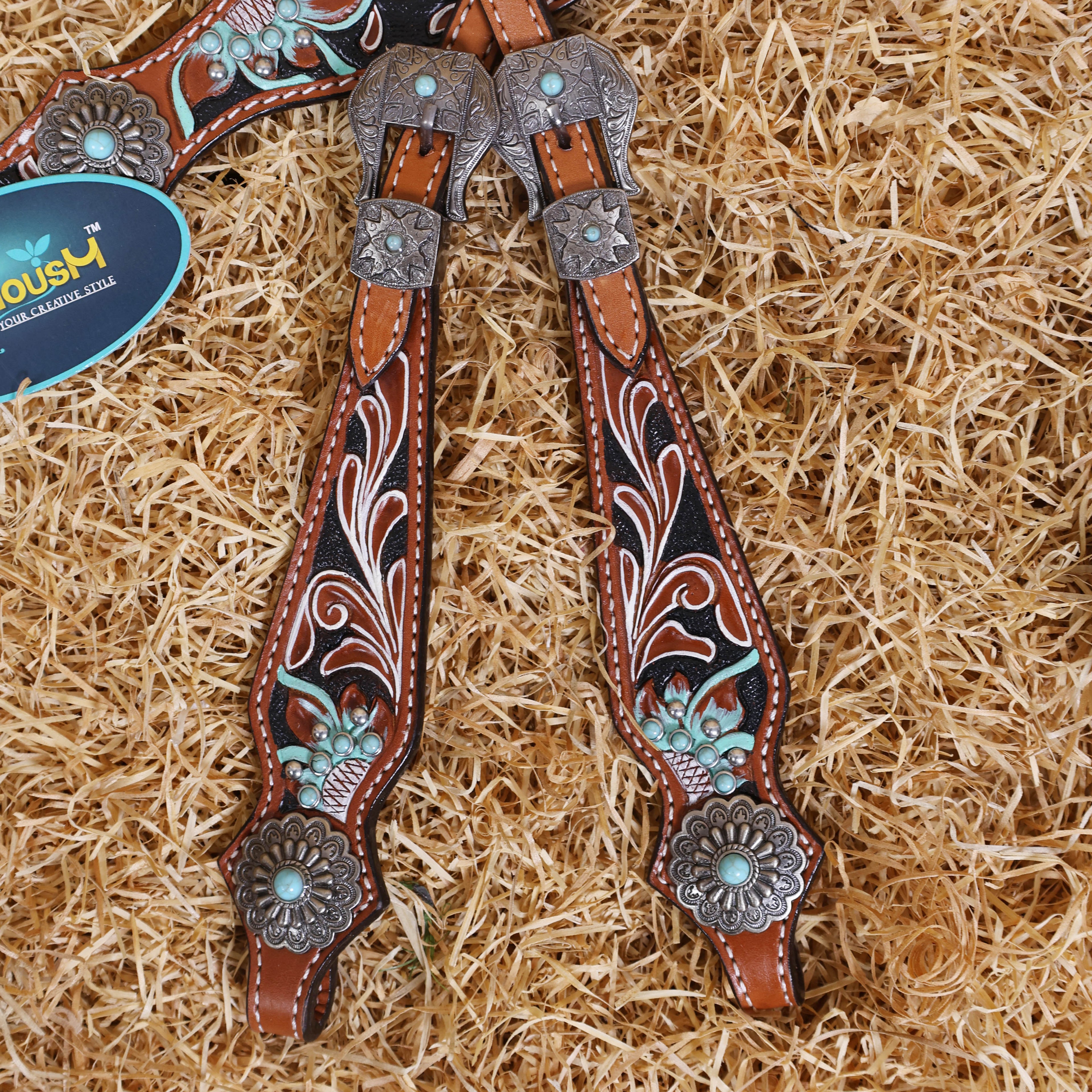 MOUSM Horse Headstall Set – Western Leather Headstall and Breast Collar Tack Set with Hand-Painted Floral Carving, Turquoise Stones, and Sunburst Conchos