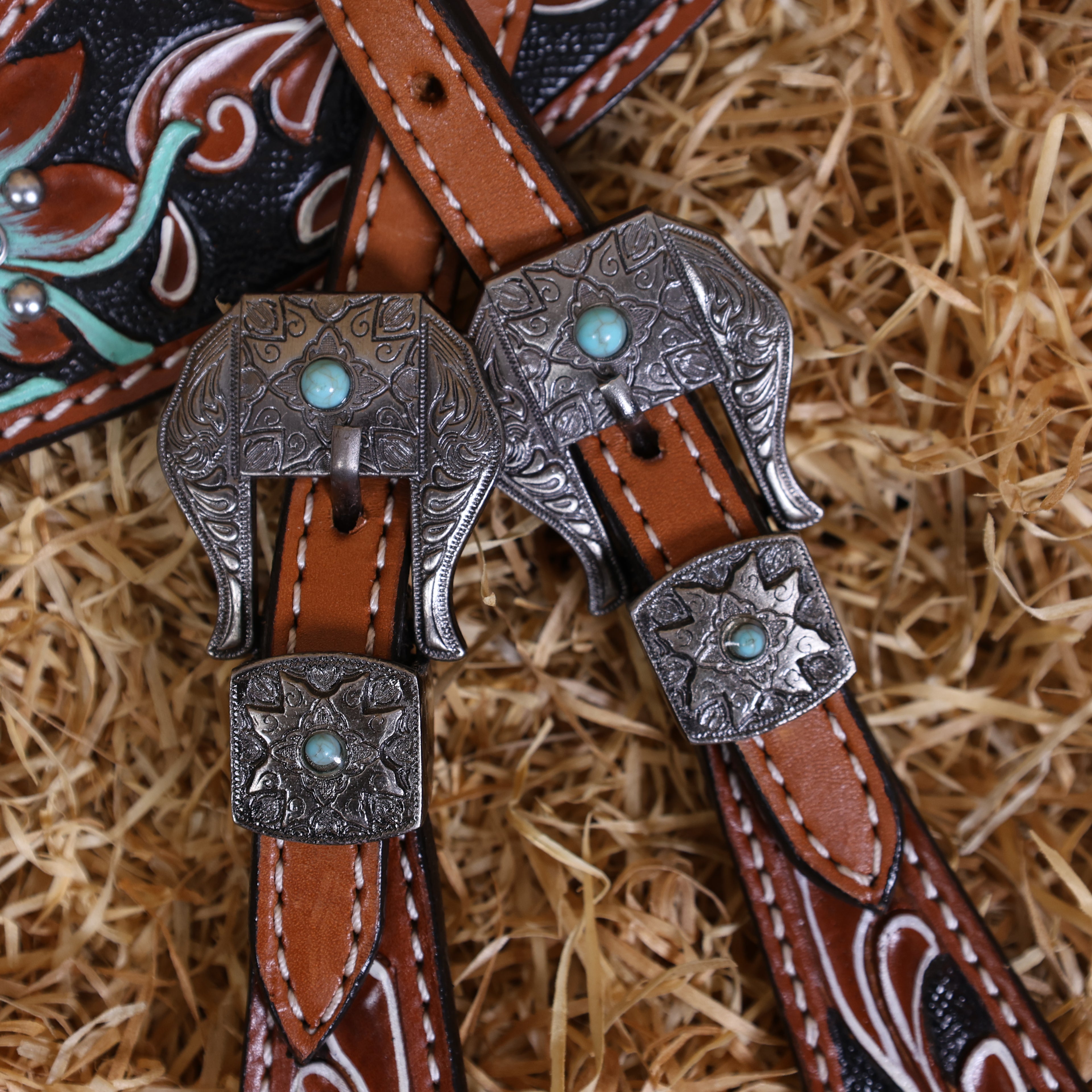 MOUSM Horse Headstall Set – Western Leather Headstall and Breast Collar Tack Set with Hand-Painted Floral Carving, Turquoise Stones, and Sunburst Conchos