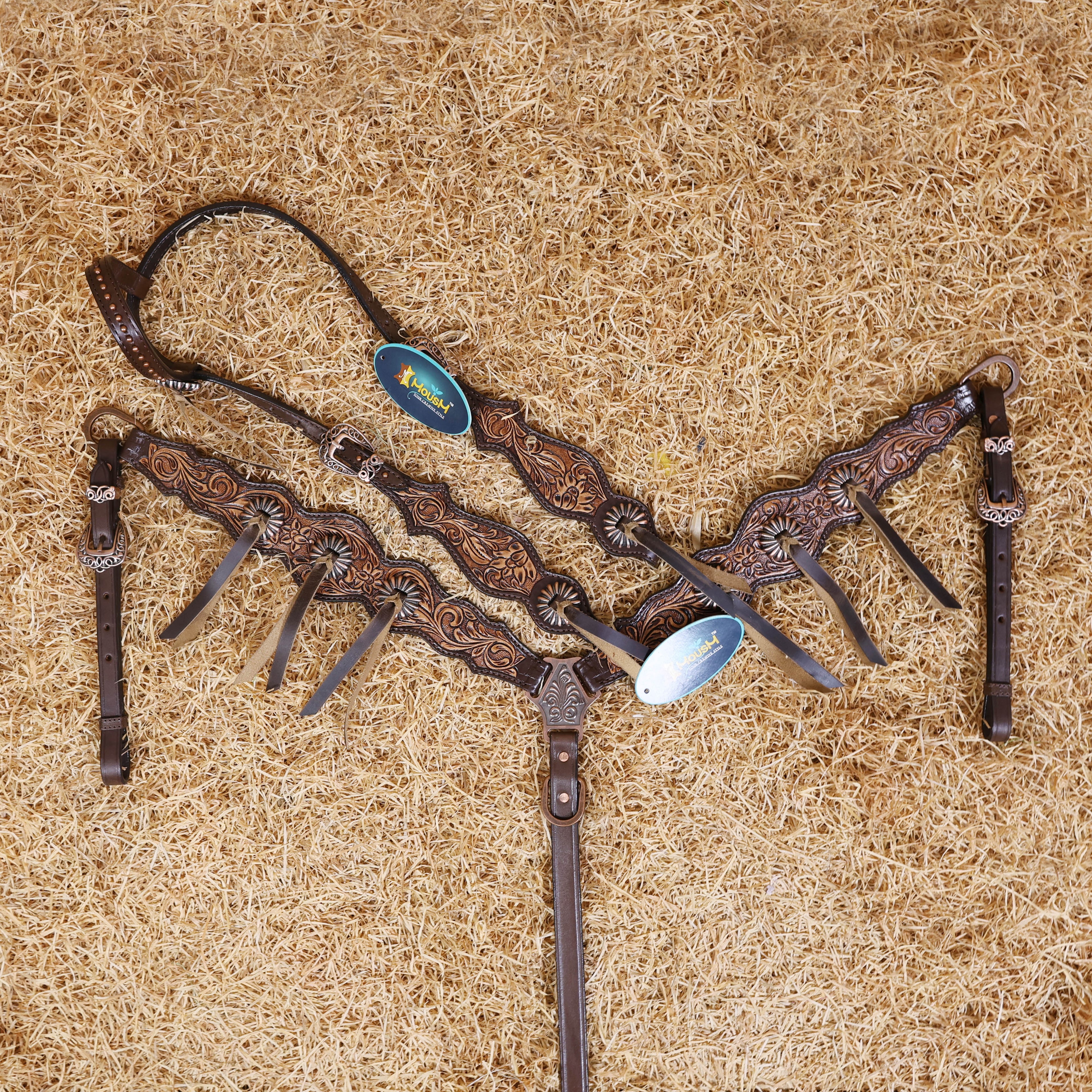 MOUSM Western Horse Headstall Set - Argentina Leather Tack Set Featuring with Flower Hand-Tooling and Mushroom Slot Concho with Roping