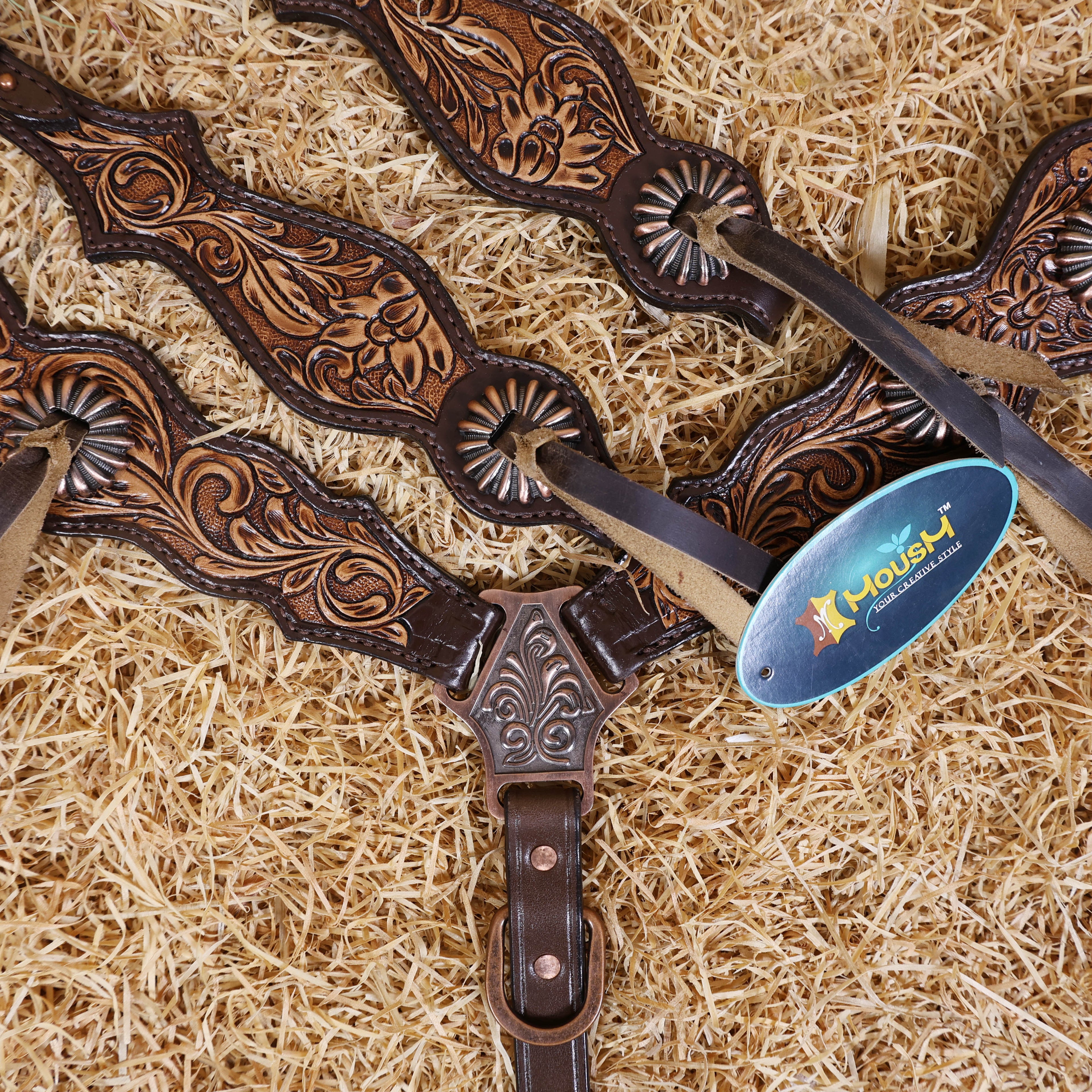 MOUSM Western Horse Headstall Set - Argentina Leather Tack Set Featuring with Flower Hand-Tooling and Mushroom Slot Concho with Roping