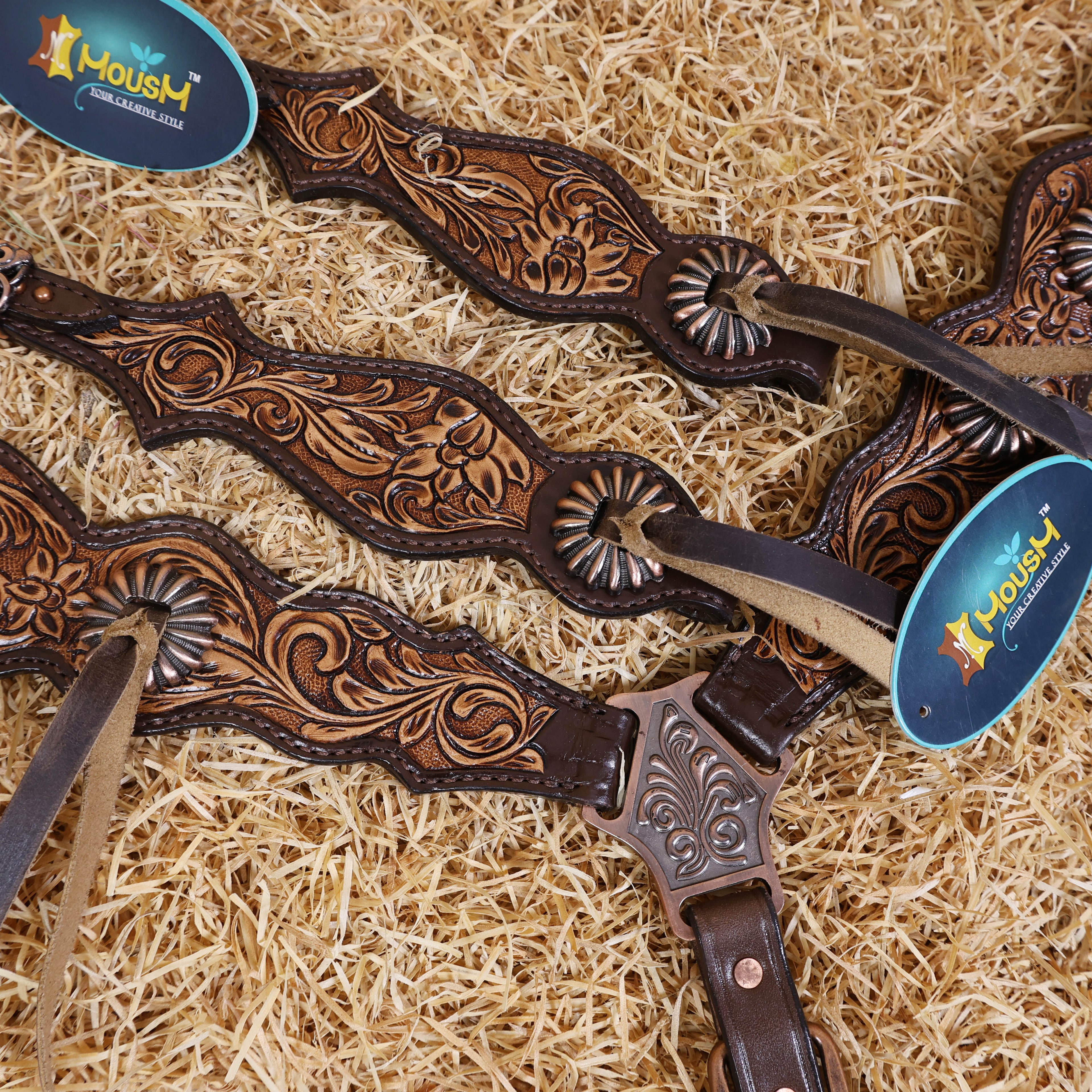 MOUSM Western Horse Headstall Set - Argentina Leather Tack Set Featuring with Flower Hand-Tooling and Mushroom Slot Concho with Roping