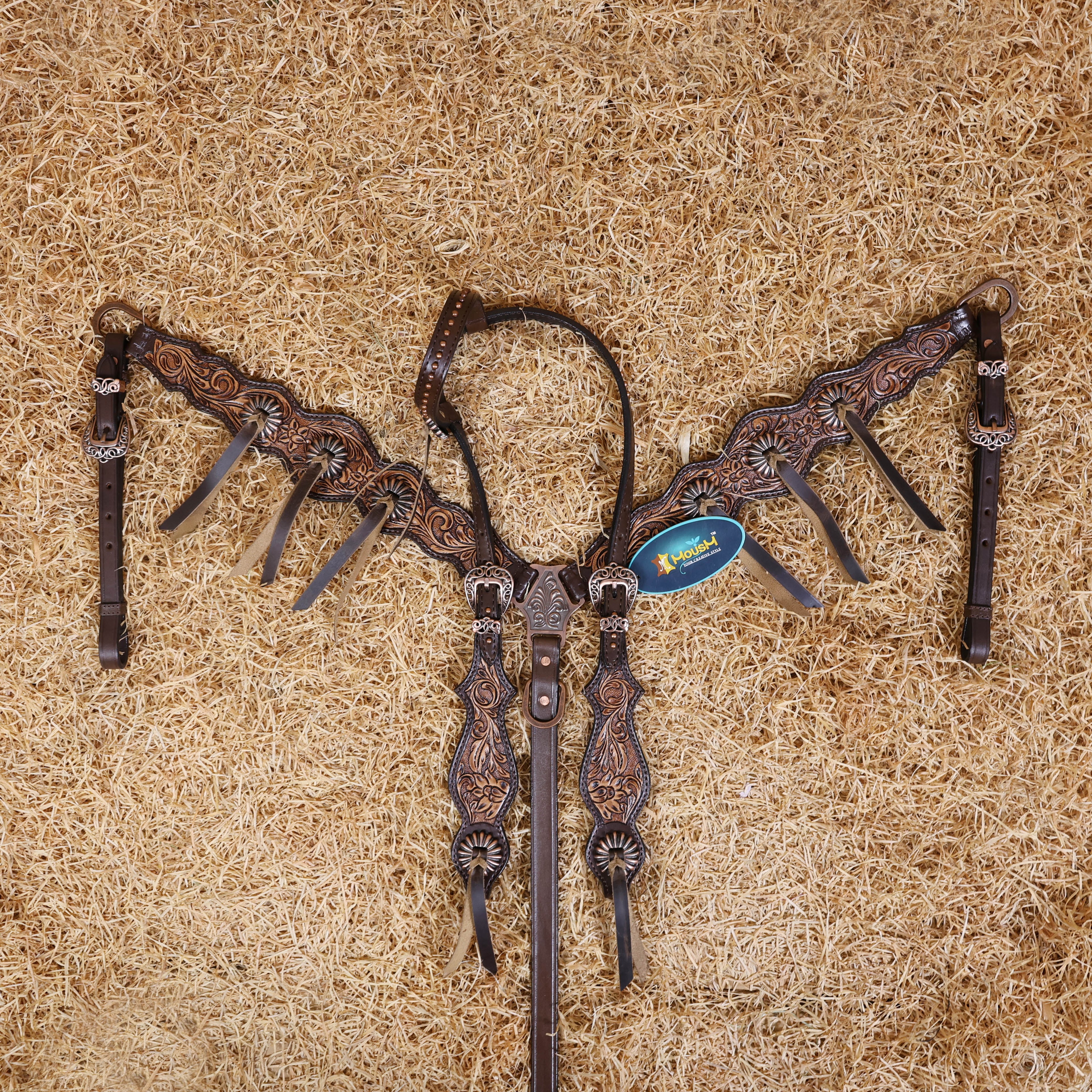 MOUSM Western Horse Headstall Set - Argentina Leather Tack Set Featuring with Flower Hand-Tooling and Mushroom Slot Concho with Roping