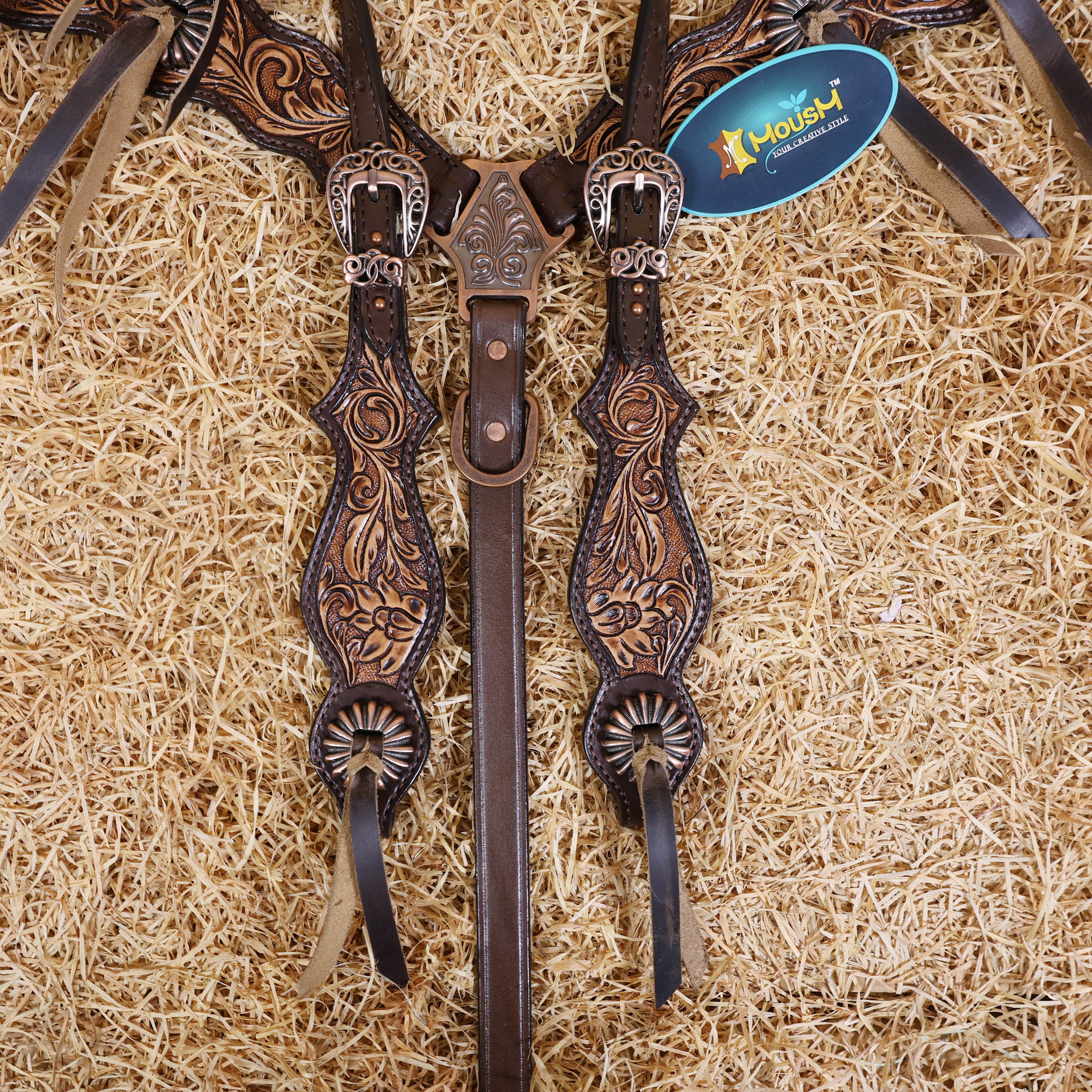 MOUSM Western Horse Headstall Set - Argentina Leather Tack Set Featuring with Flower Hand-Tooling and Mushroom Slot Concho with Roping