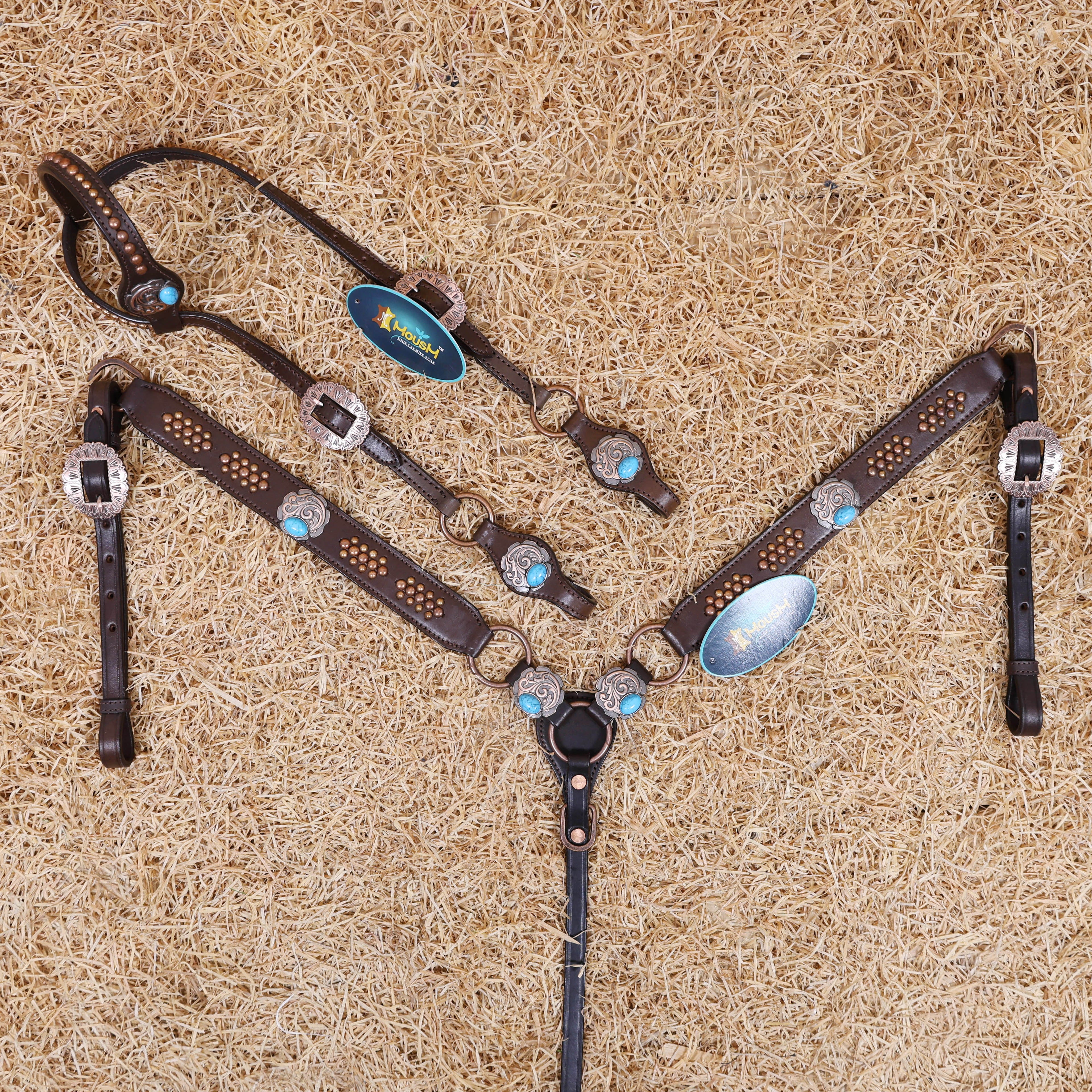 MOUSM Western One Ear Headstall Set – Genuine Argentine Cow Leather Headstall and Breast Collar Decorated with Copper Studs, Copper Conchos, and Turquoise Stones