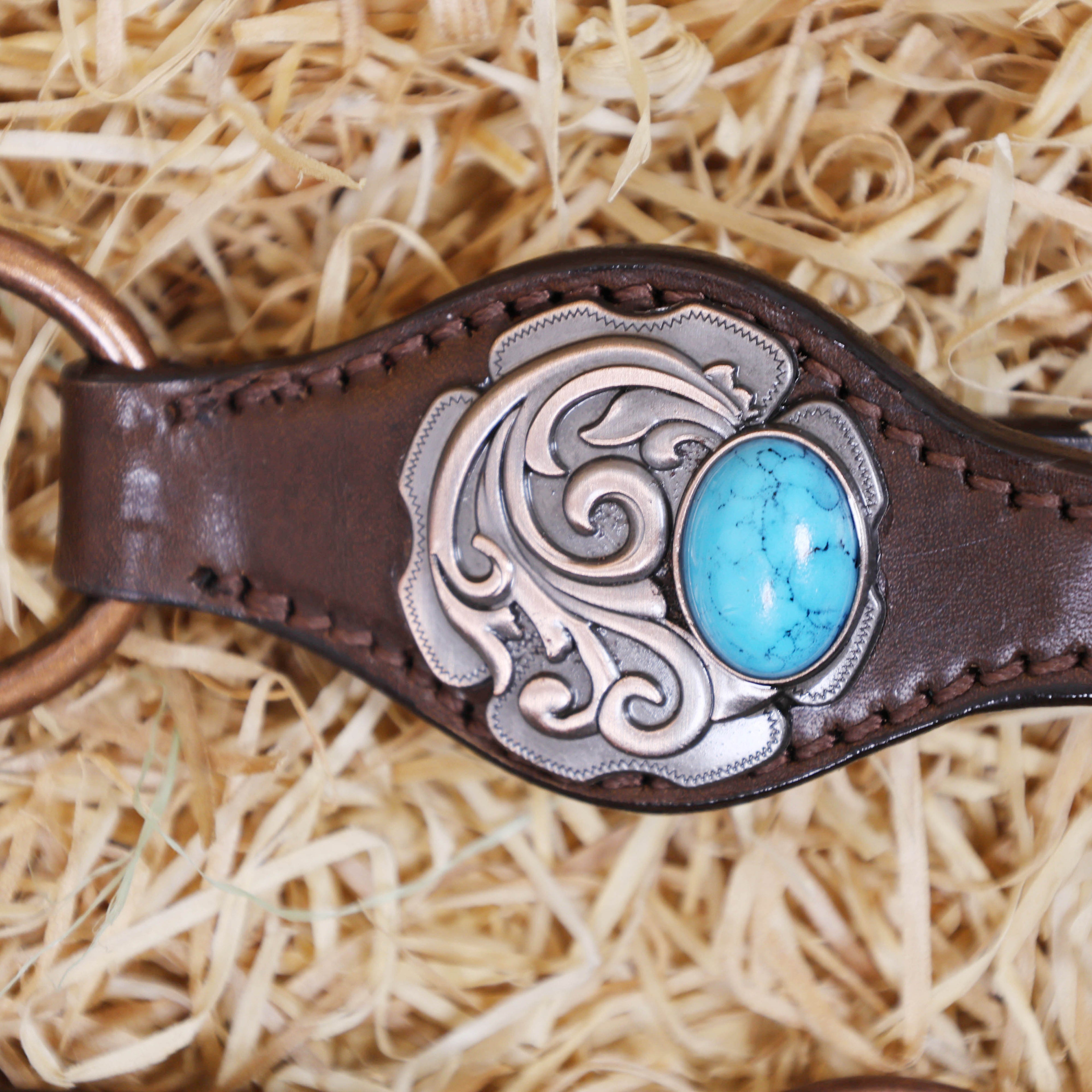 MOUSM Western One Ear Headstall Set – Genuine Argentine Cow Leather Headstall and Breast Collar Decorated with Copper Studs, Copper Conchos, and Turquoise Stones