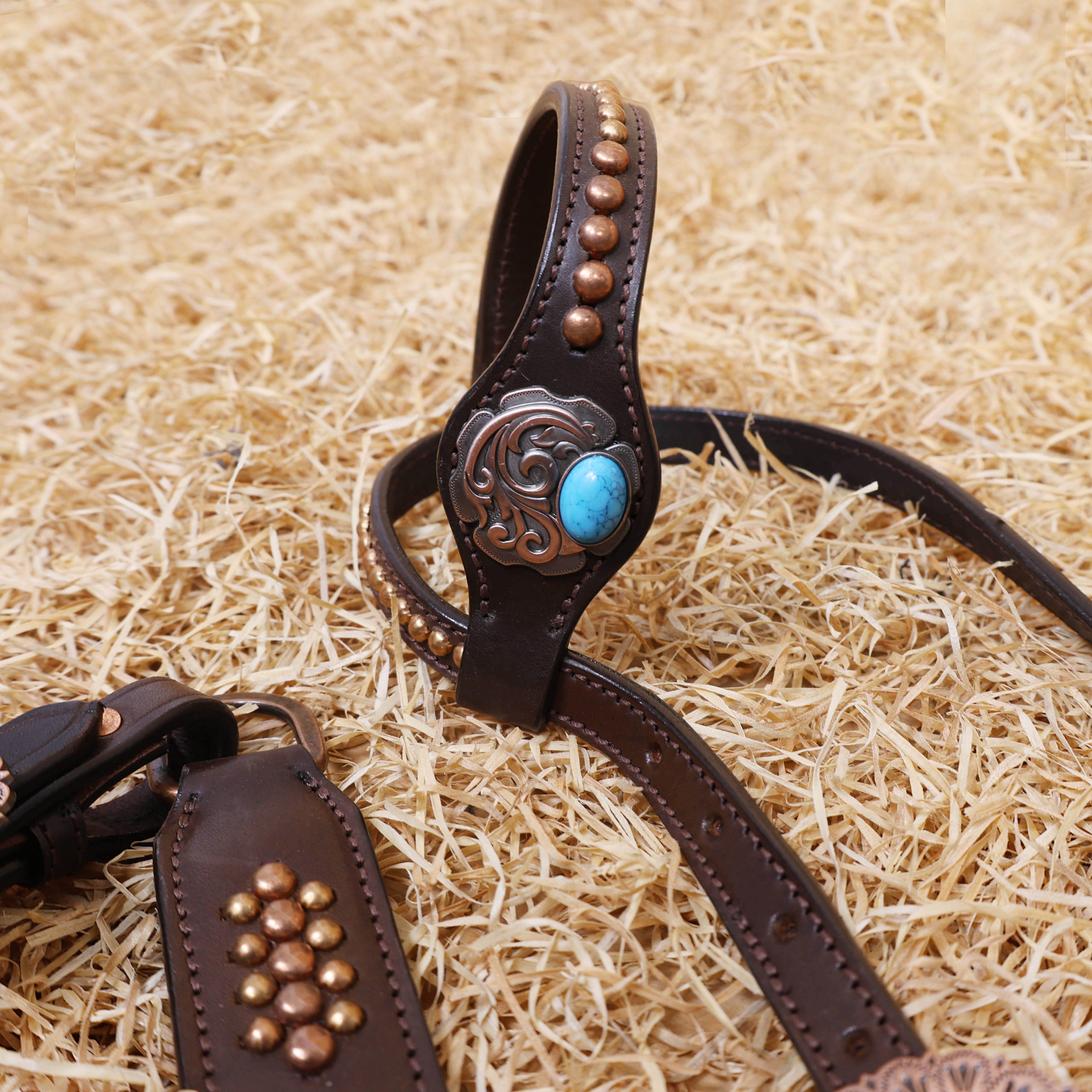 MOUSM Western One Ear Headstall Set – Genuine Argentine Cow Leather Headstall and Breast Collar Decorated with Copper Studs, Copper Conchos, and Turquoise Stones