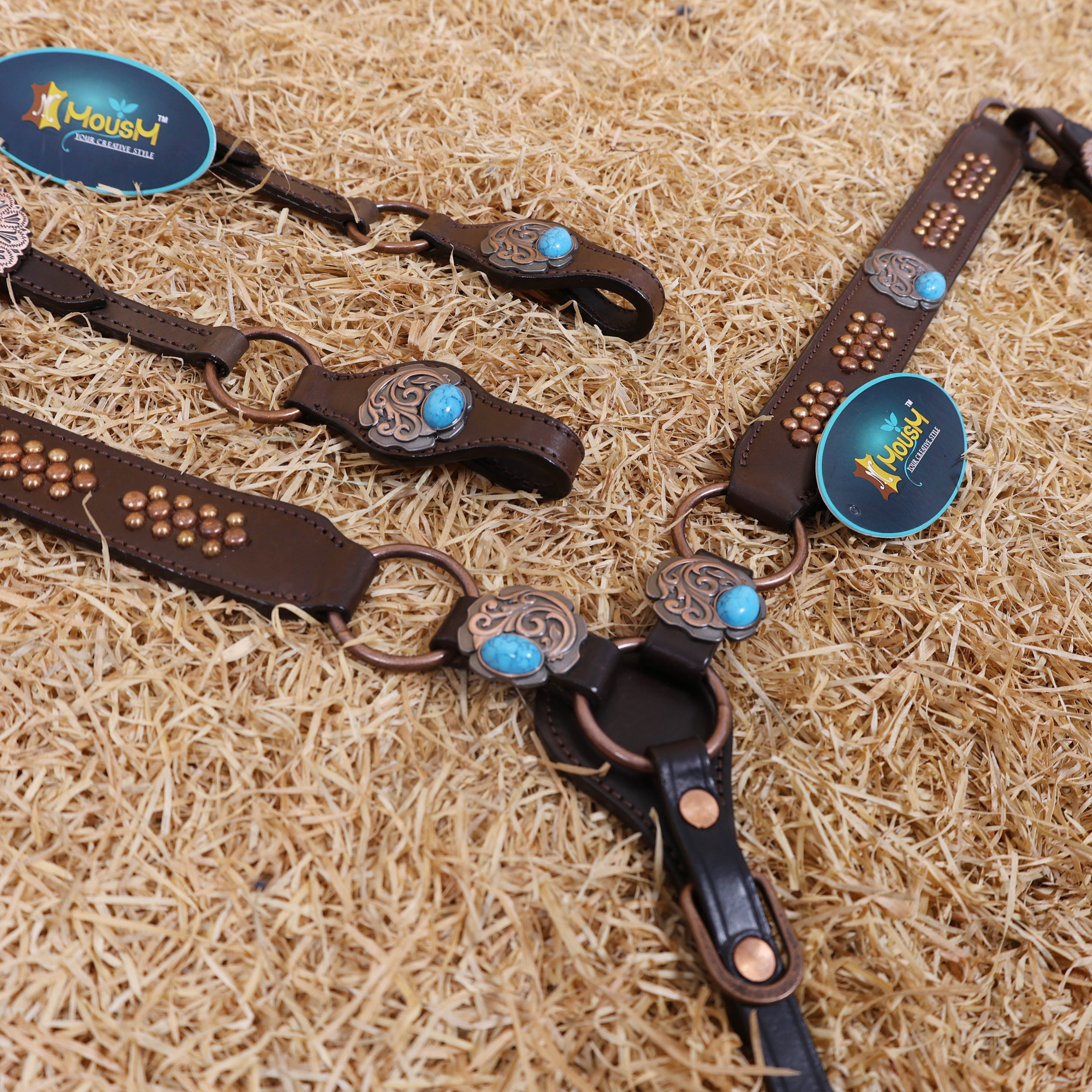 MOUSM Western One Ear Headstall Set – Genuine Argentine Cow Leather Headstall and Breast Collar Decorated with Copper Studs, Copper Conchos, and Turquoise Stones