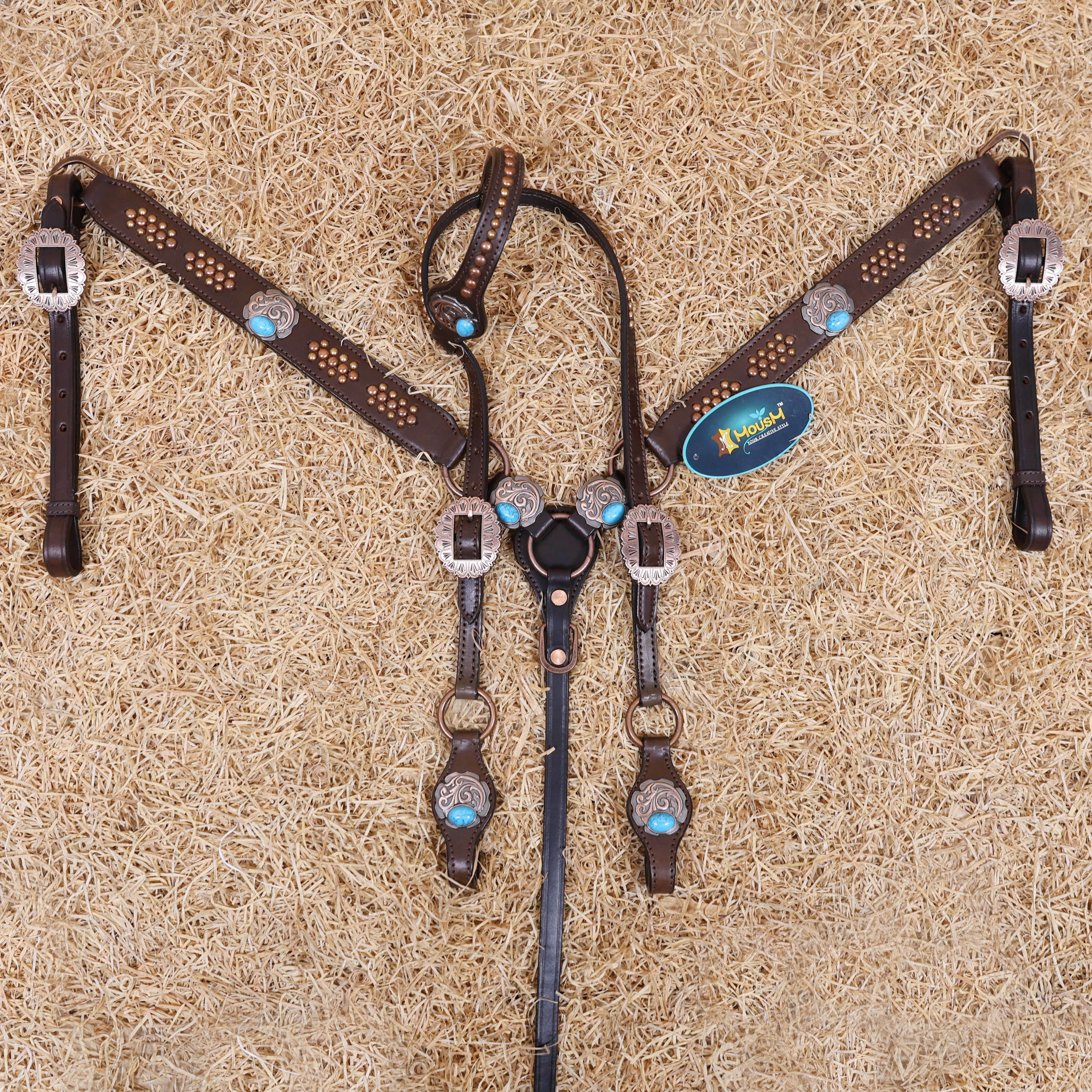 MOUSM Western One Ear Headstall Set – Genuine Argentine Cow Leather Headstall and Breast Collar Decorated with Copper Studs, Copper Conchos, and Turquoise Stones