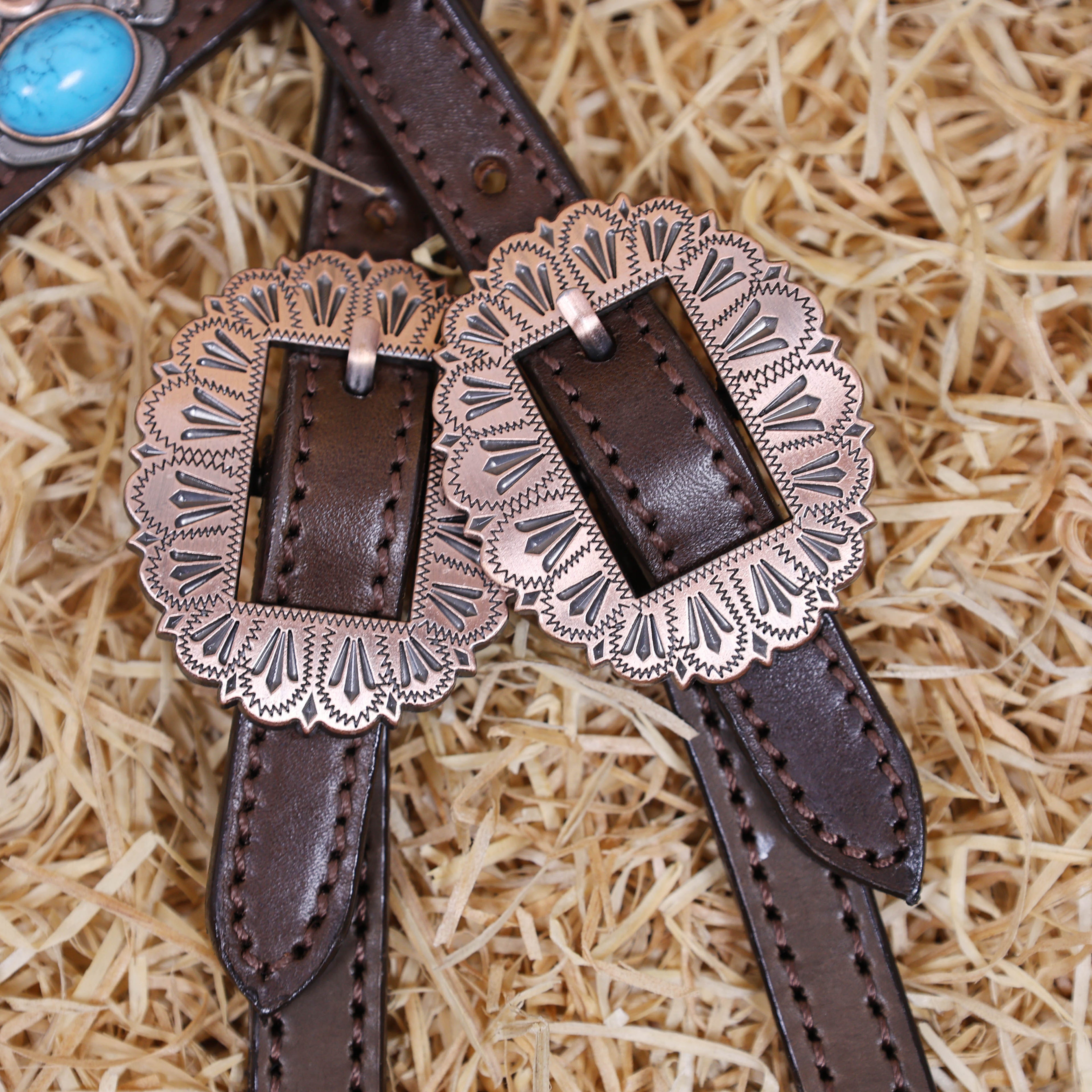 MOUSM Western One Ear Headstall Set – Genuine Argentine Cow Leather Headstall and Breast Collar Decorated with Copper Studs, Copper Conchos, and Turquoise Stones