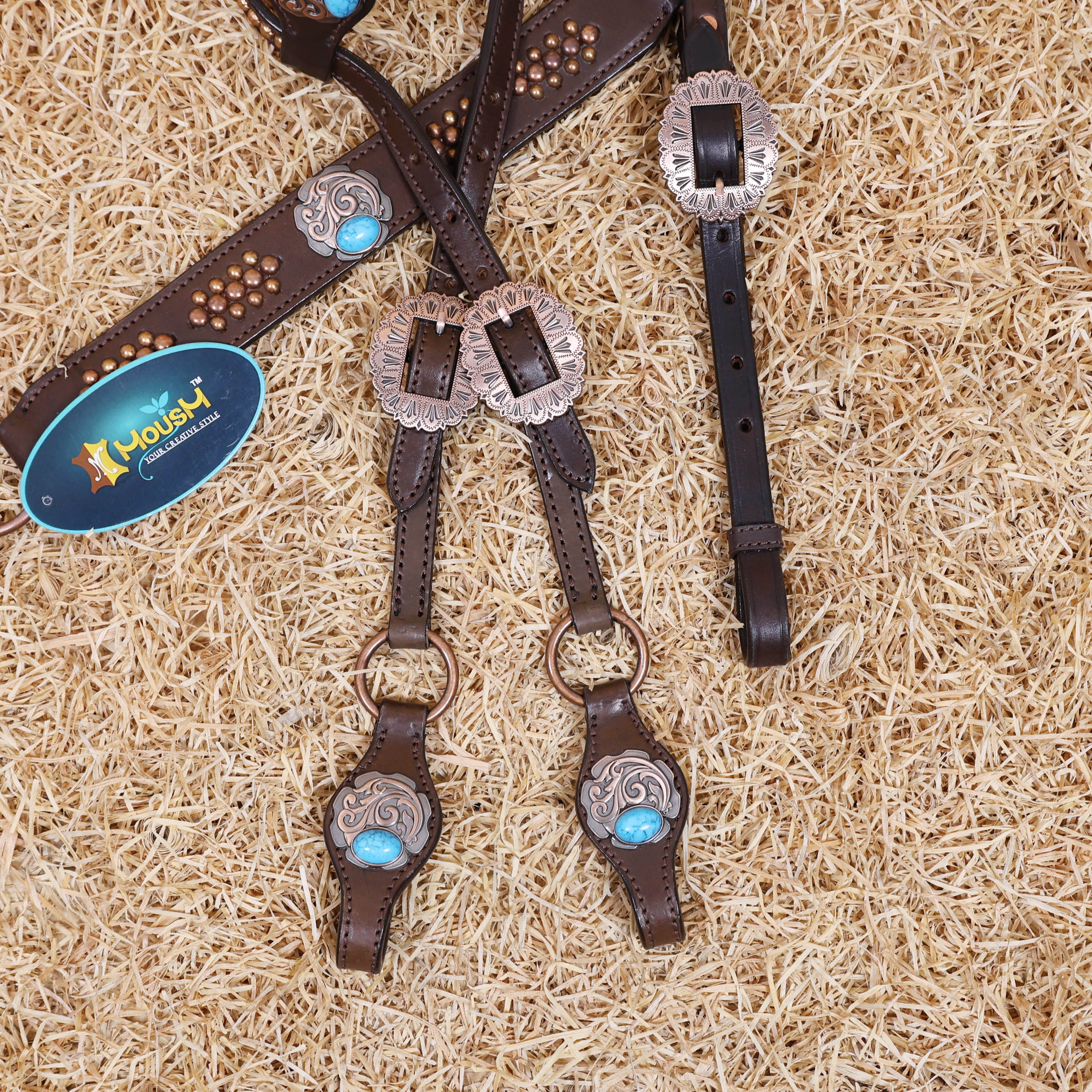 MOUSM Western One Ear Headstall Set – Genuine Argentine Cow Leather Headstall and Breast Collar Decorated with Copper Studs, Copper Conchos, and Turquoise Stones