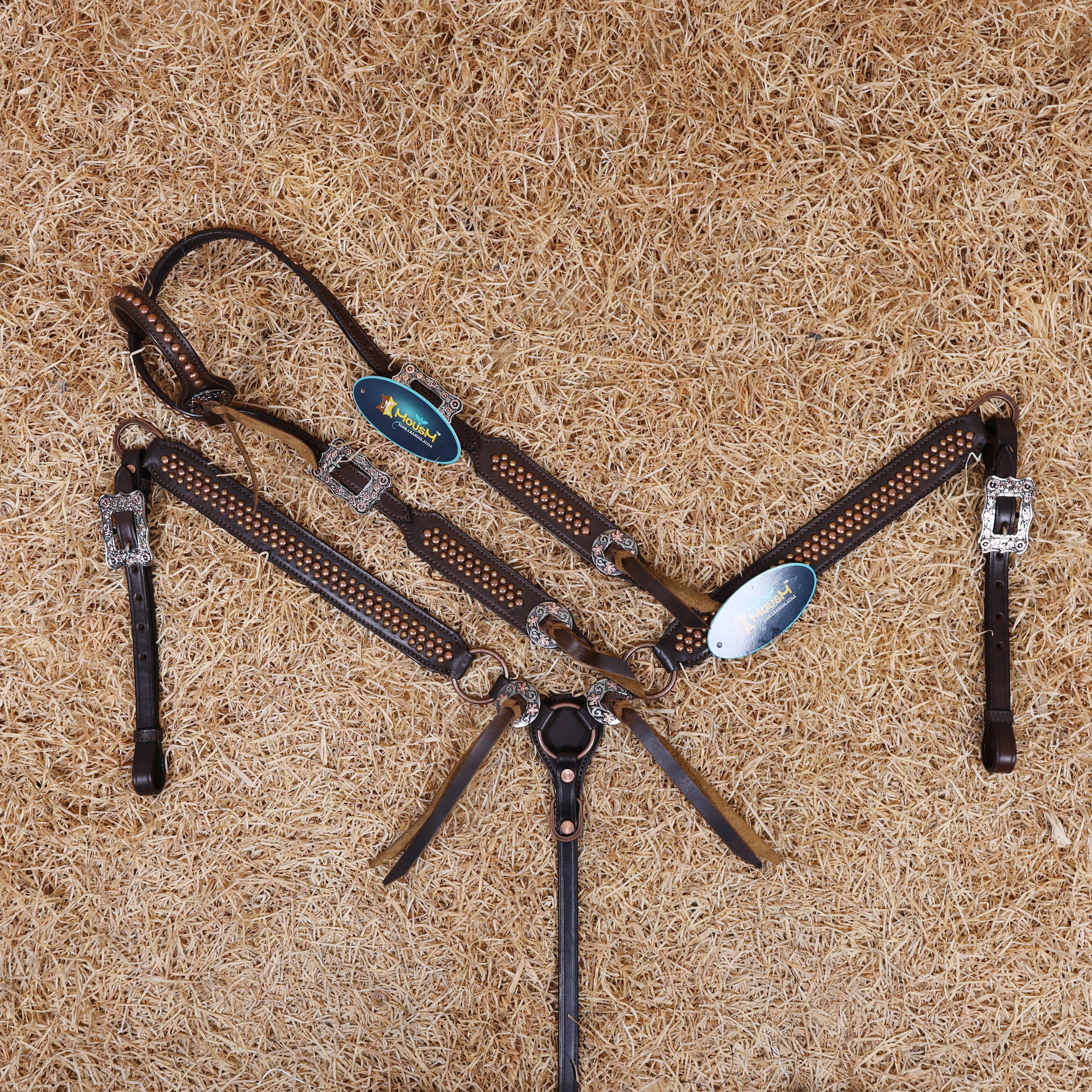 MOUSM Horse Tack Set – Western One Ear Headstall and Breast Collar, Crafted from Argentina Cow leather, Decorated with Copper Studs and Copper Slot Conchos with Leather Strings on the Breast Collar