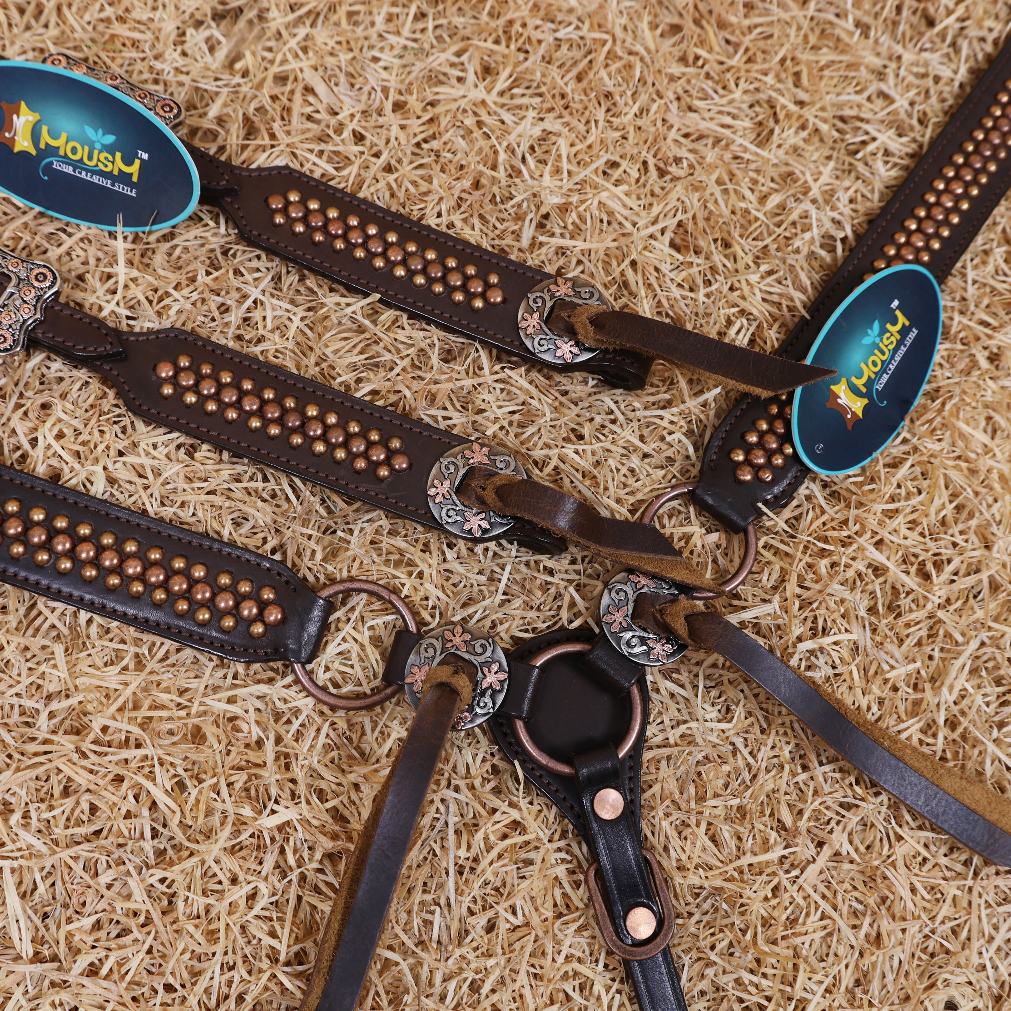 MOUSM Horse Tack Set – Western One Ear Headstall and Breast Collar, Crafted from Argentina Cow leather, Decorated with Copper Studs and Copper Slot Conchos with Leather Strings on the Breast Collar