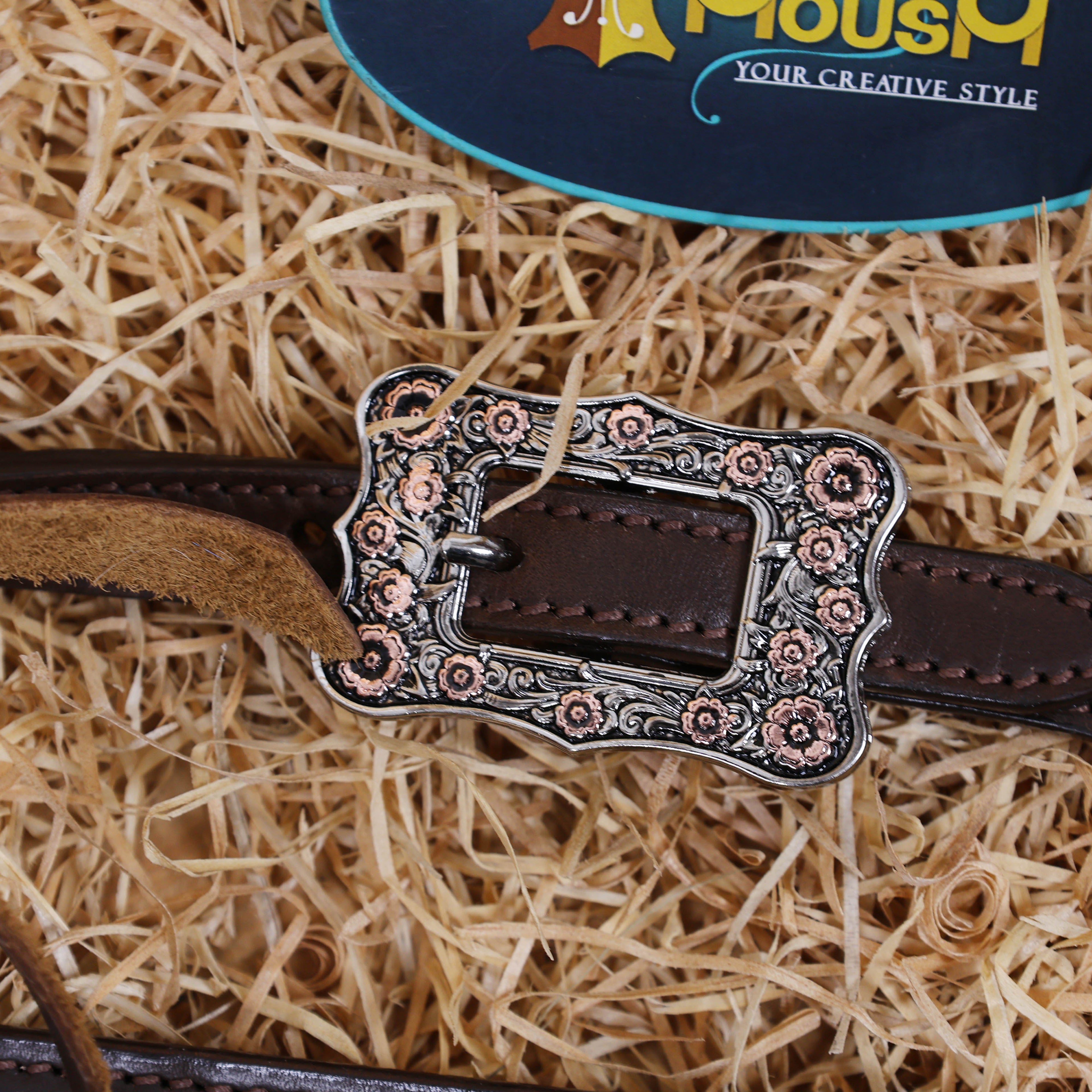 MOUSM Horse Tack Set – Western One Ear Headstall and Breast Collar, Crafted from Argentina Cow leather, Decorated with Copper Studs and Copper Slot Conchos with Leather Strings on the Breast Collar