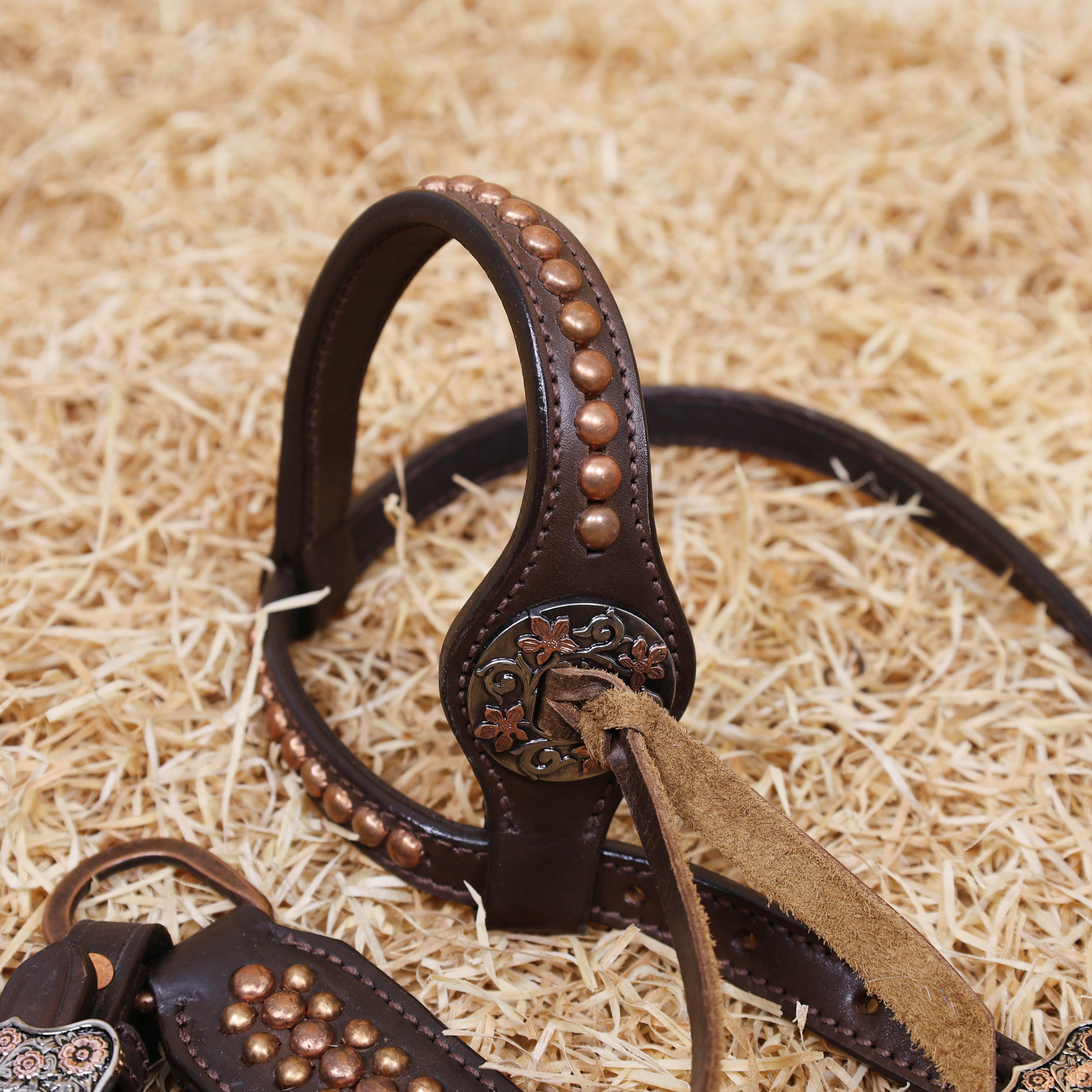 MOUSM Horse Tack Set – Western One Ear Headstall and Breast Collar, Crafted from Argentina Cow leather, Decorated with Copper Studs and Copper Slot Conchos with Leather Strings on the Breast Collar