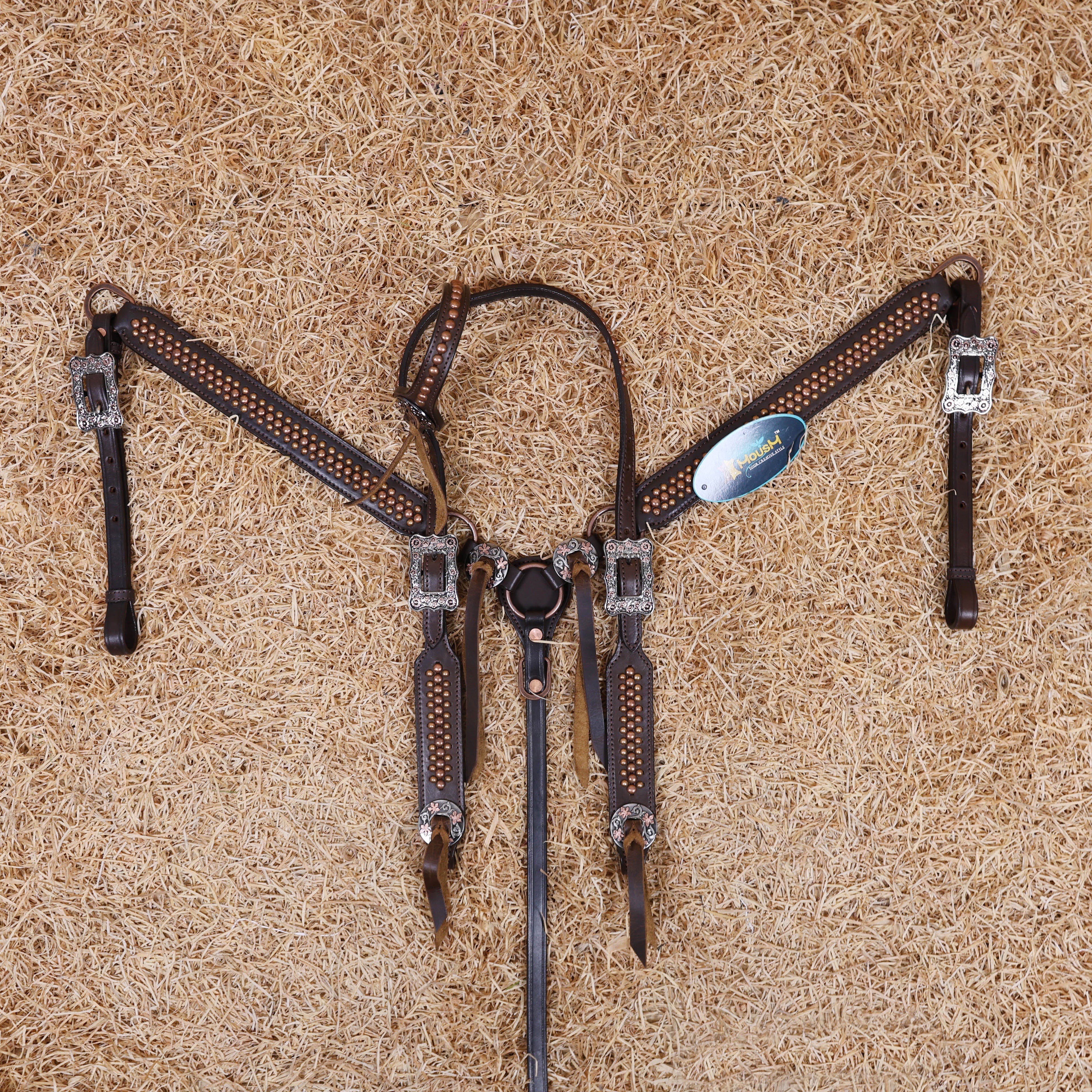MOUSM Horse Tack Set – Western One Ear Headstall and Breast Collar, Crafted from Argentina Cow leather, Decorated with Copper Studs and Copper Slot Conchos with Leather Strings on the Breast Collar
