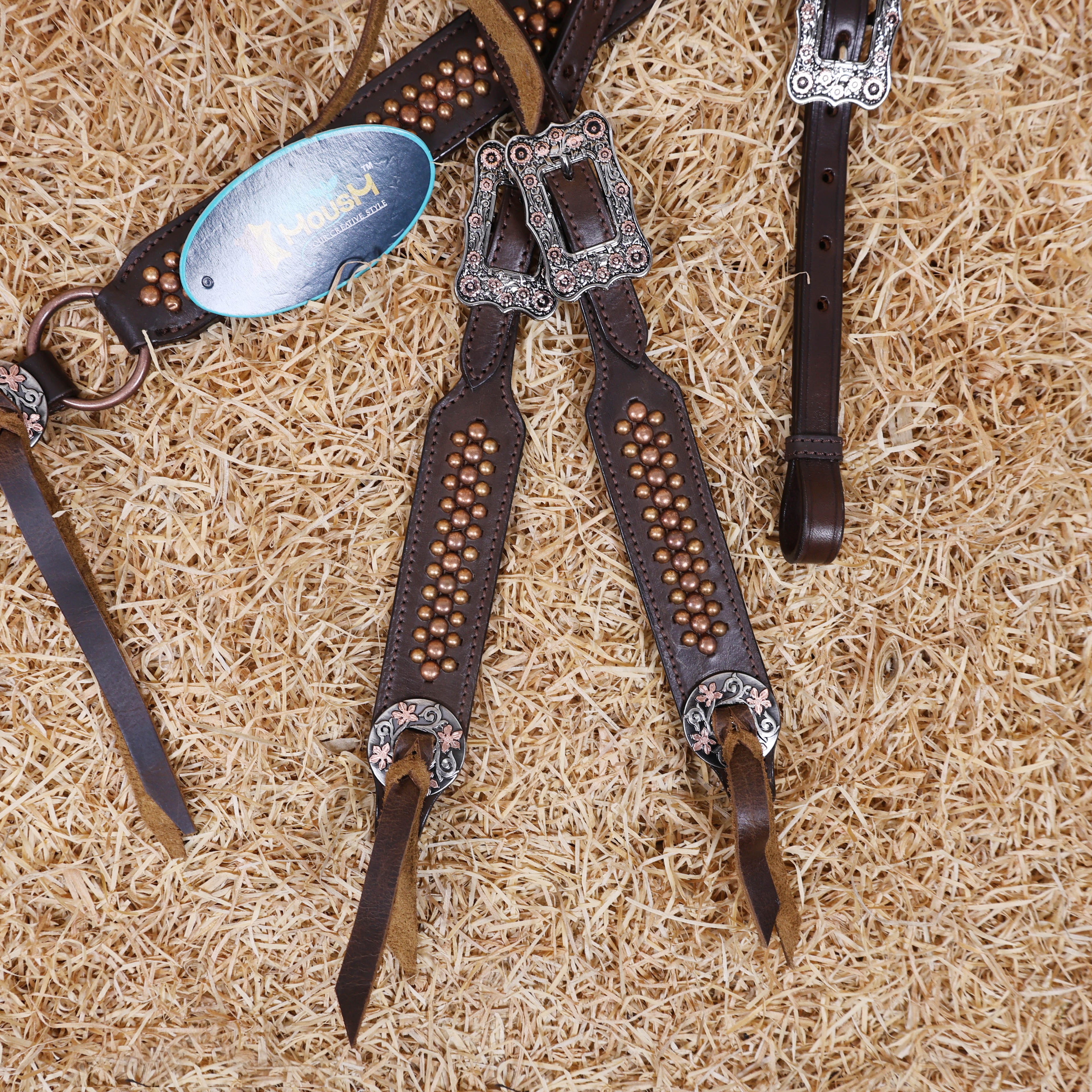 MOUSM Horse Tack Set – Western One Ear Headstall and Breast Collar, Crafted from Argentina Cow leather, Decorated with Copper Studs and Copper Slot Conchos with Leather Strings on the Breast Collar