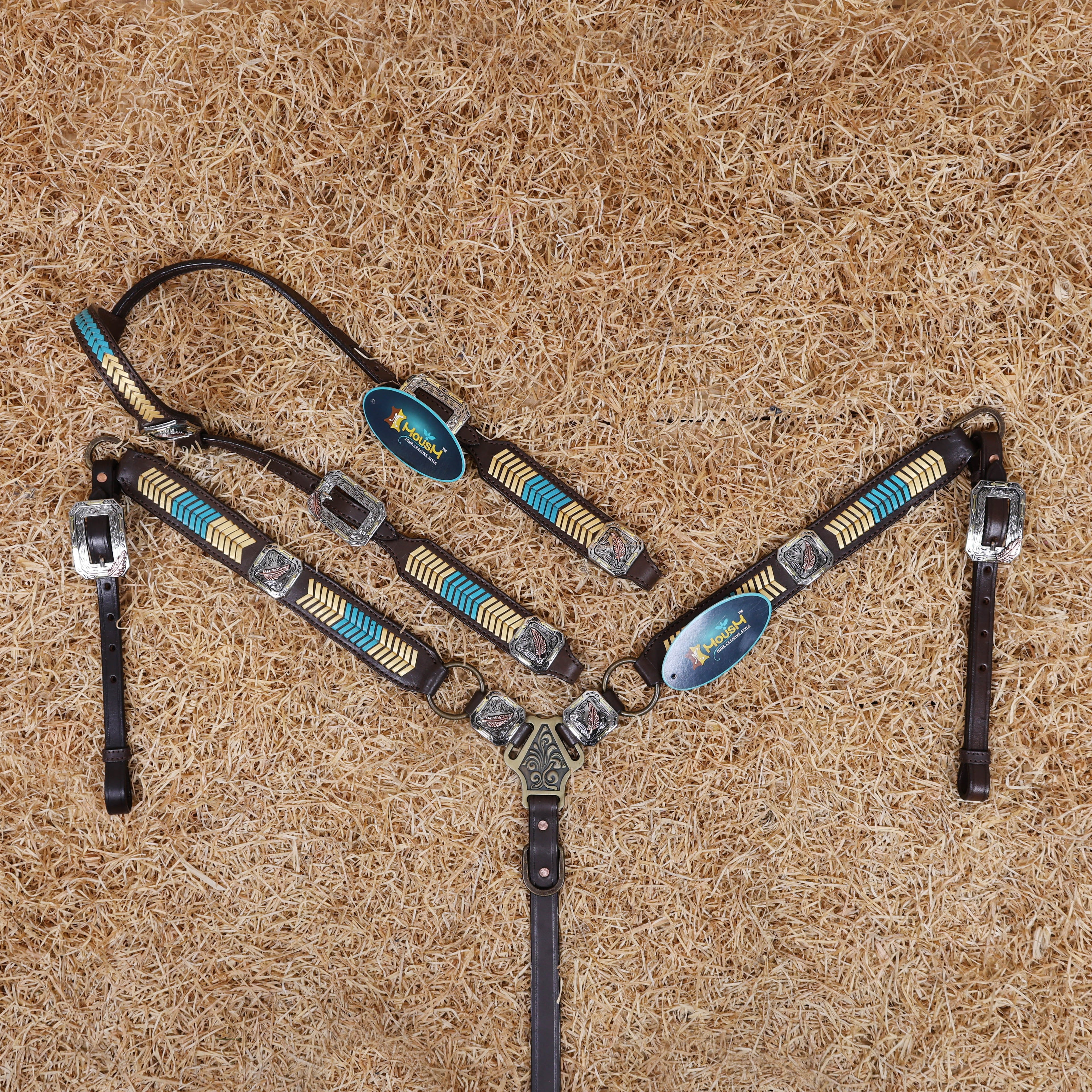 MOUSM Western Headstall and Breast Collar Set – Leather Horse Tack Set Decorated with Golden and Turquoise Arrow-Shaped Braiding and 3 Tone Feather Square Conchos