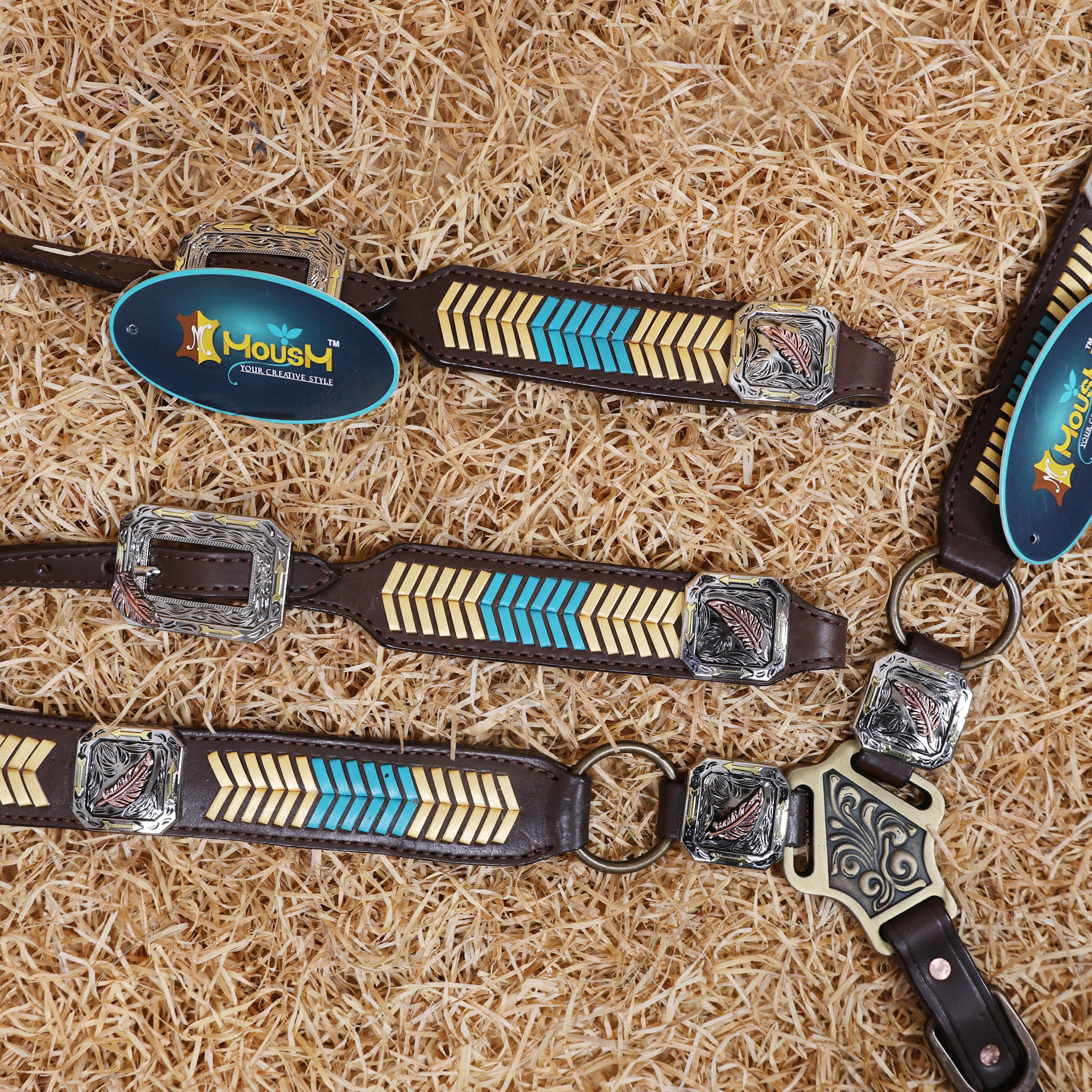 MOUSM Western Headstall and Breast Collar Set – Leather Horse Tack Set Decorated with Golden and Turquoise Arrow-Shaped Braiding and 3 Tone Feather Square Conchos