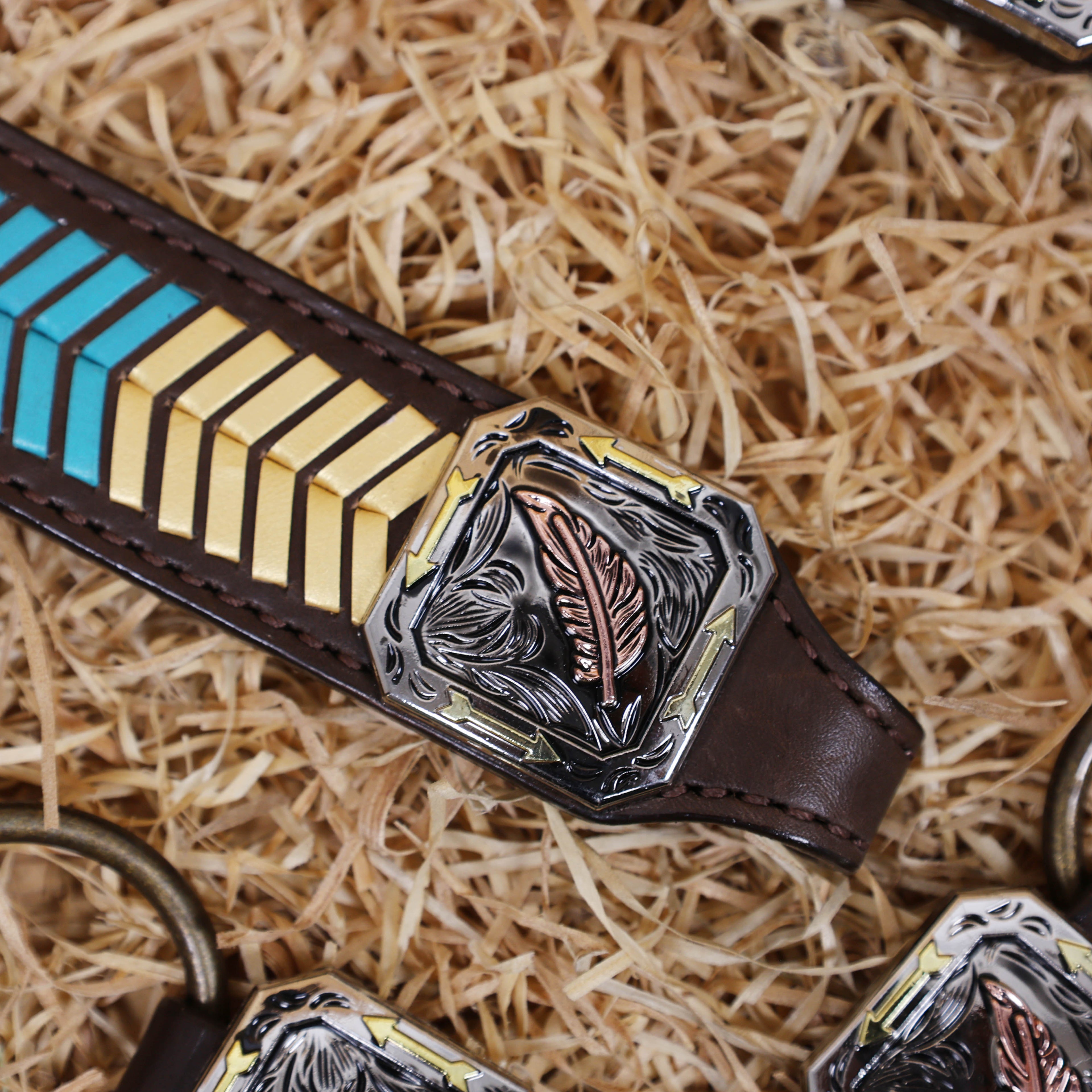MOUSM Western Headstall and Breast Collar Set – Leather Horse Tack Set Decorated with Golden and Turquoise Arrow-Shaped Braiding and 3 Tone Feather Square Conchos