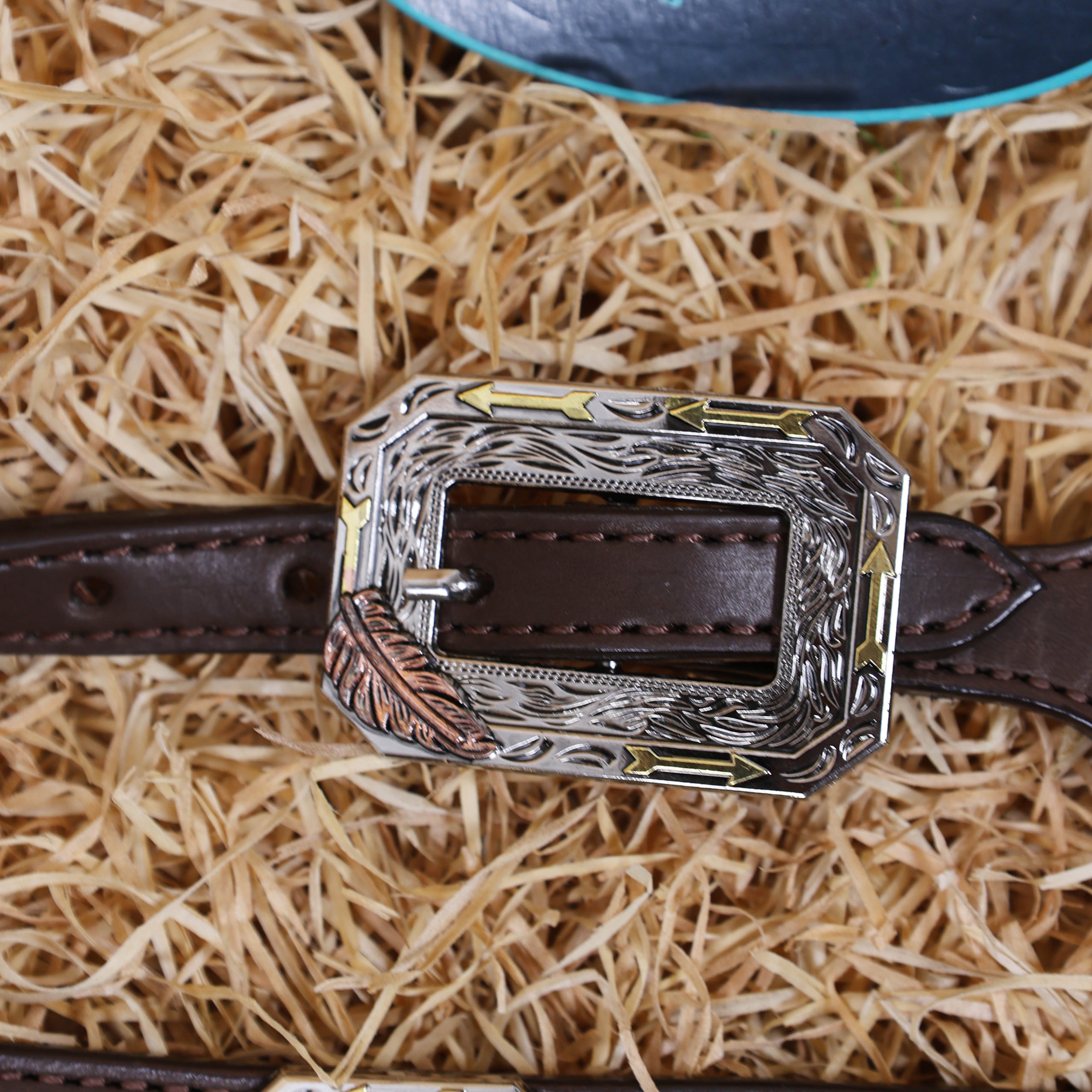 MOUSM Western Headstall and Breast Collar Set – Leather Horse Tack Set Decorated with Golden and Turquoise Arrow-Shaped Braiding and 3 Tone Feather Square Conchos