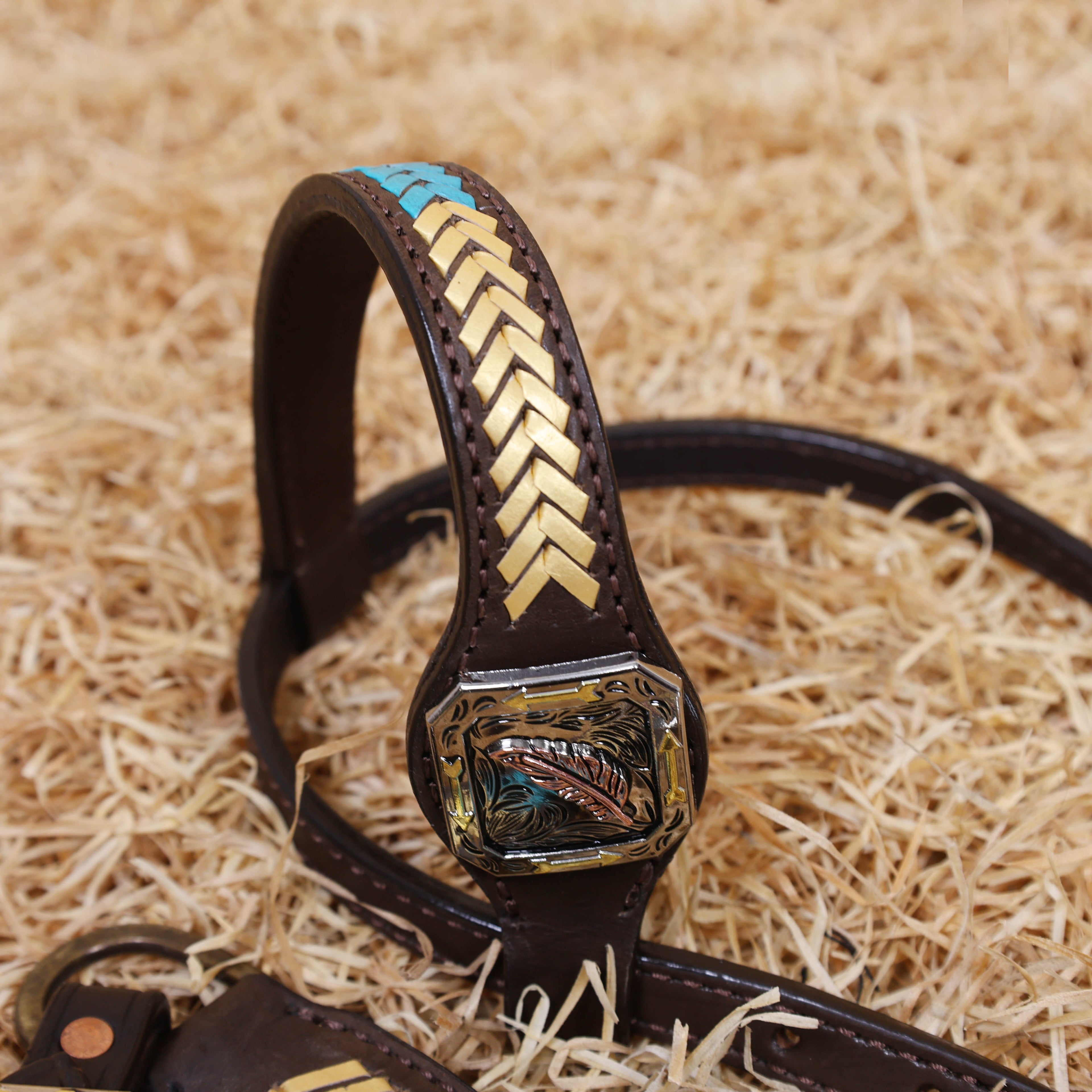 MOUSM Western Headstall and Breast Collar Set – Leather Horse Tack Set Decorated with Golden and Turquoise Arrow-Shaped Braiding and 3 Tone Feather Square Conchos