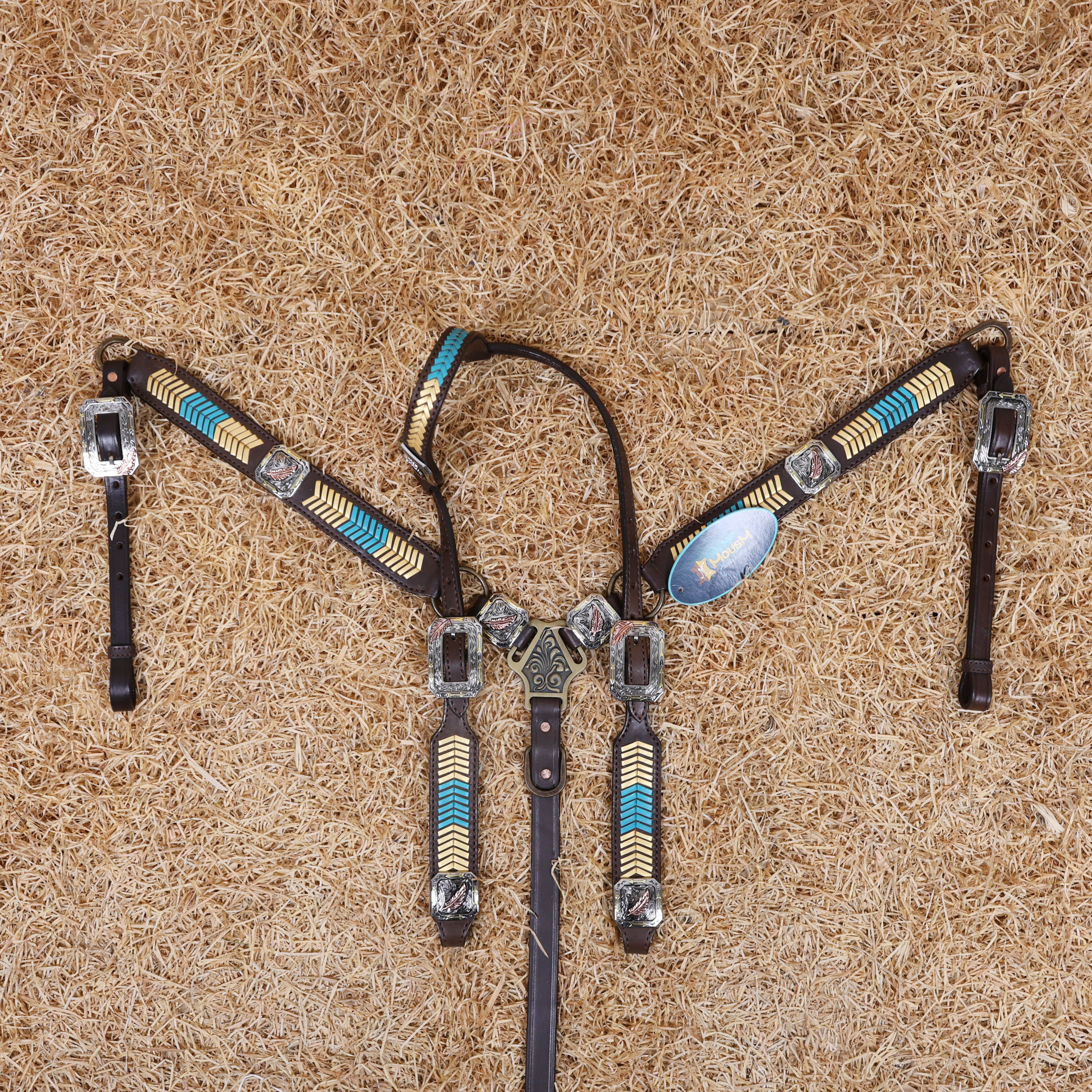 MOUSM Western Headstall and Breast Collar Set – Leather Horse Tack Set Decorated with Golden and Turquoise Arrow-Shaped Braiding and 3 Tone Feather Square Conchos