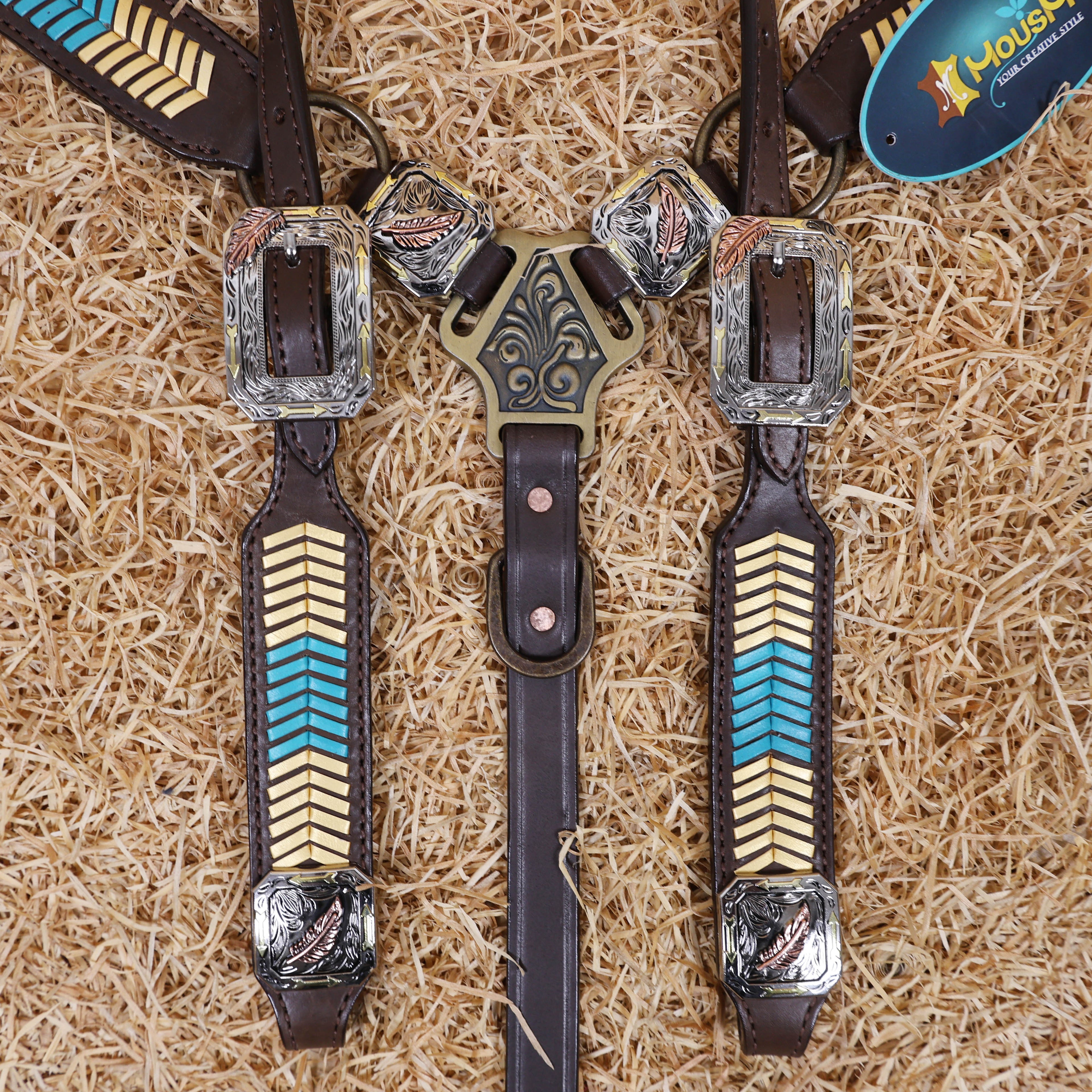 MOUSM Western Headstall and Breast Collar Set – Leather Horse Tack Set Decorated with Golden and Turquoise Arrow-Shaped Braiding and 3 Tone Feather Square Conchos
