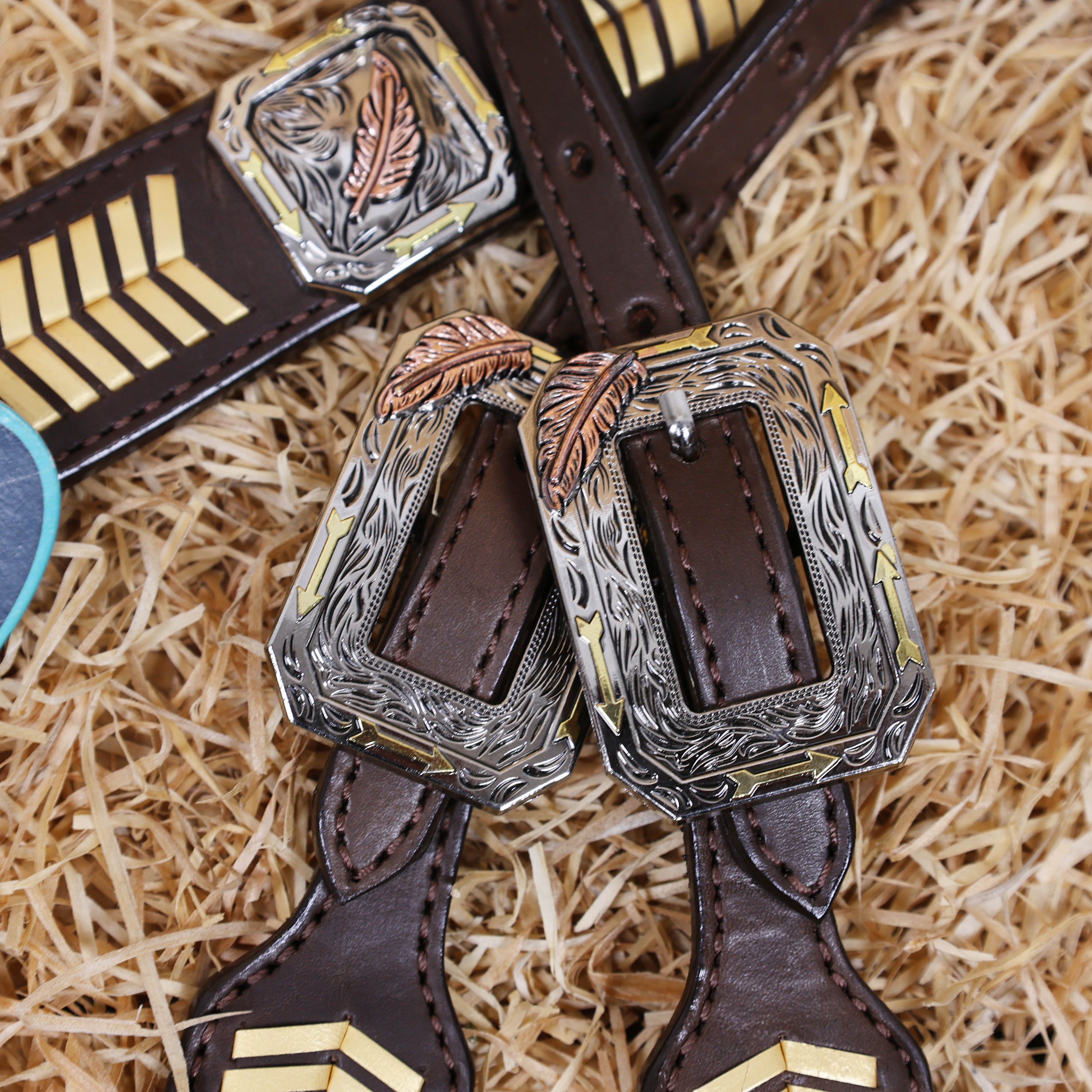 MOUSM Western Headstall and Breast Collar Set – Leather Horse Tack Set Decorated with Golden and Turquoise Arrow-Shaped Braiding and 3 Tone Feather Square Conchos