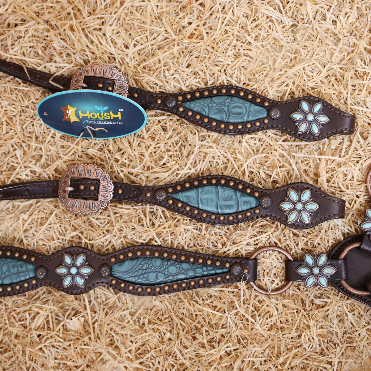 Alligator Cutout Inlay with Copper Studs One Ear Headstall Tack Set