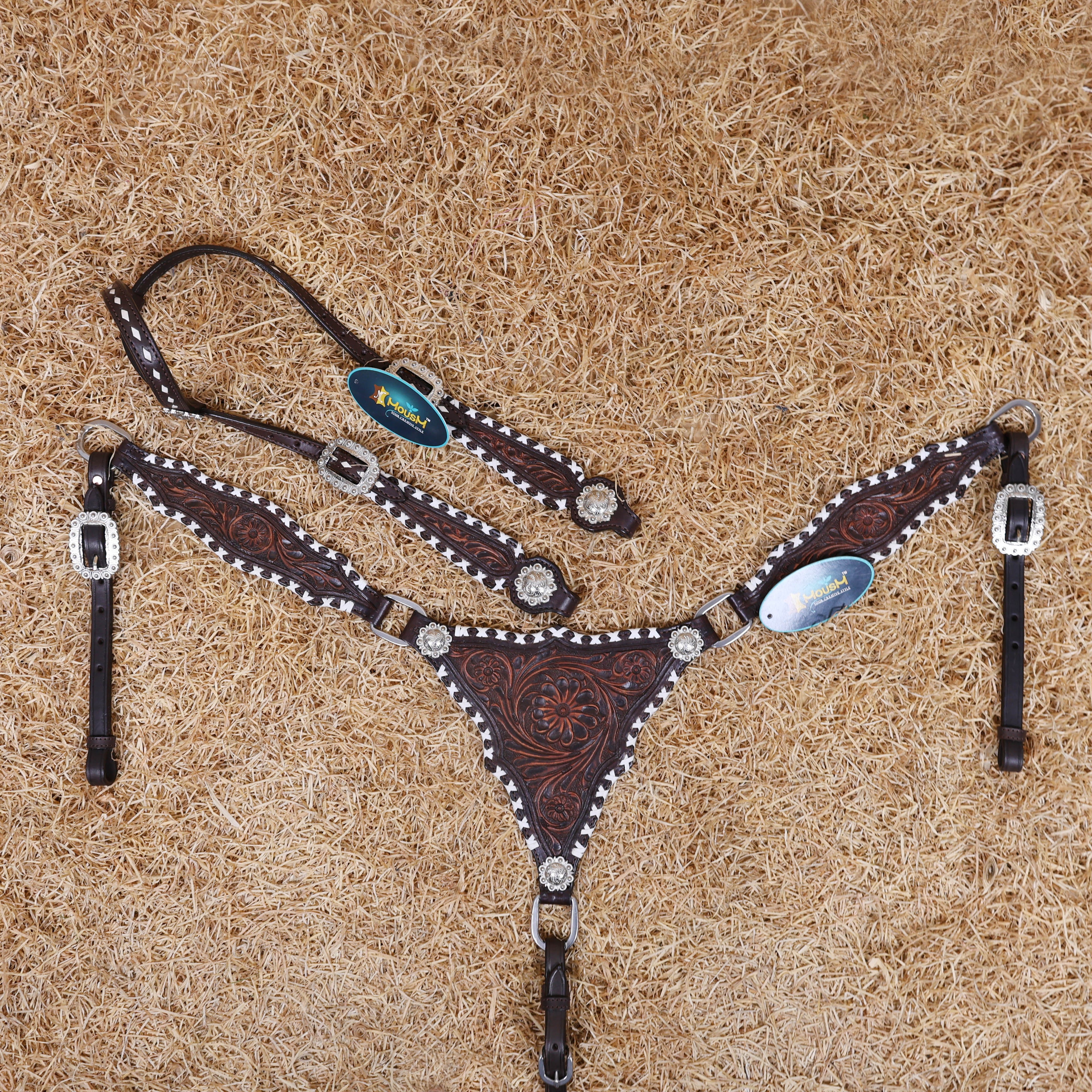 MOUSM One Ear Headstall Set – Western Leather Horse Tack Set Decorated with Criss-Cross Rawhide Braiding and Hand-Tooled Flower Carvings, Featuring Antique Finish Nickel Hardware