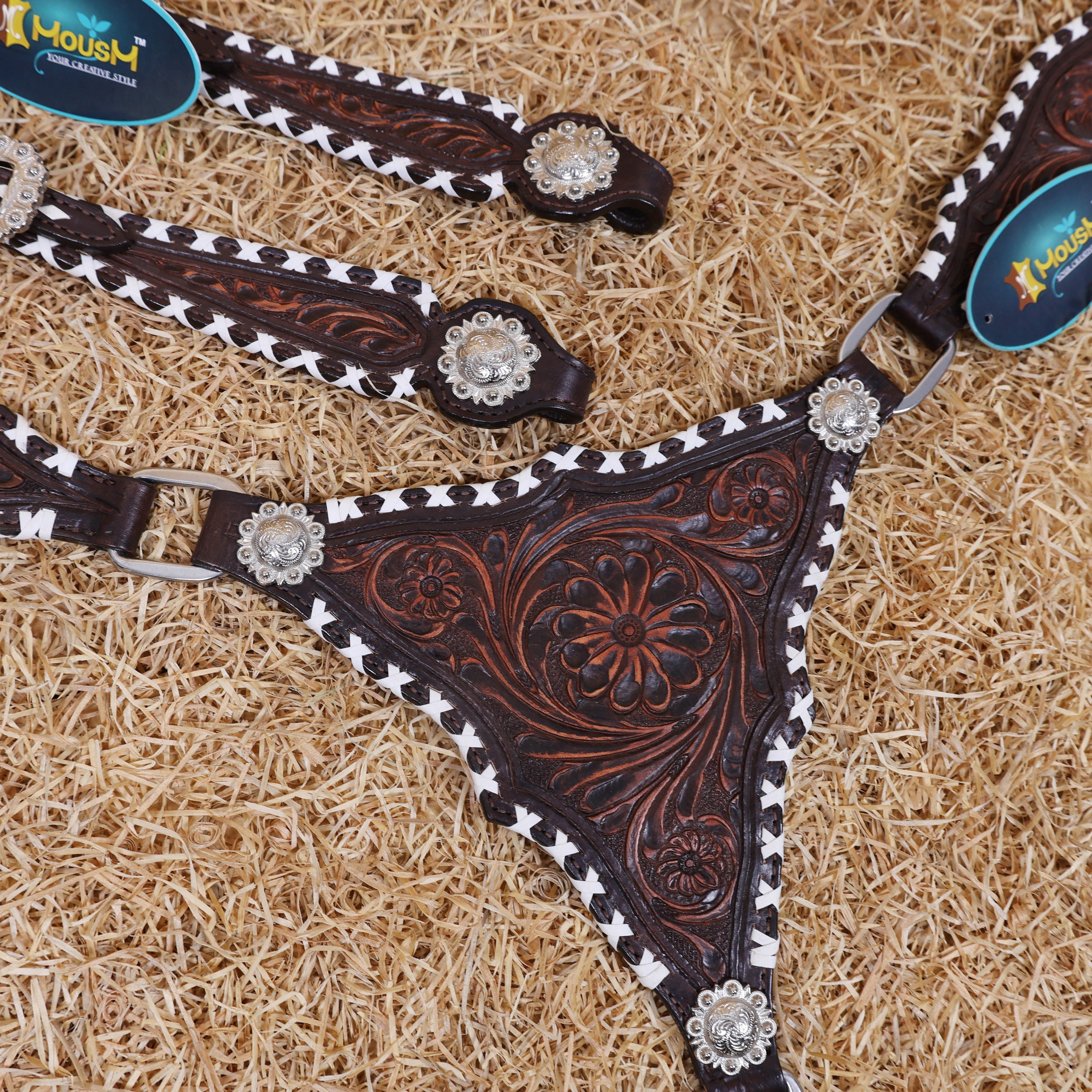 MOUSM One Ear Headstall Set – Western Leather Horse Tack Set Decorated with Criss-Cross Rawhide Braiding and Hand-Tooled Flower Carvings, Featuring Antique Finish Nickel Hardware