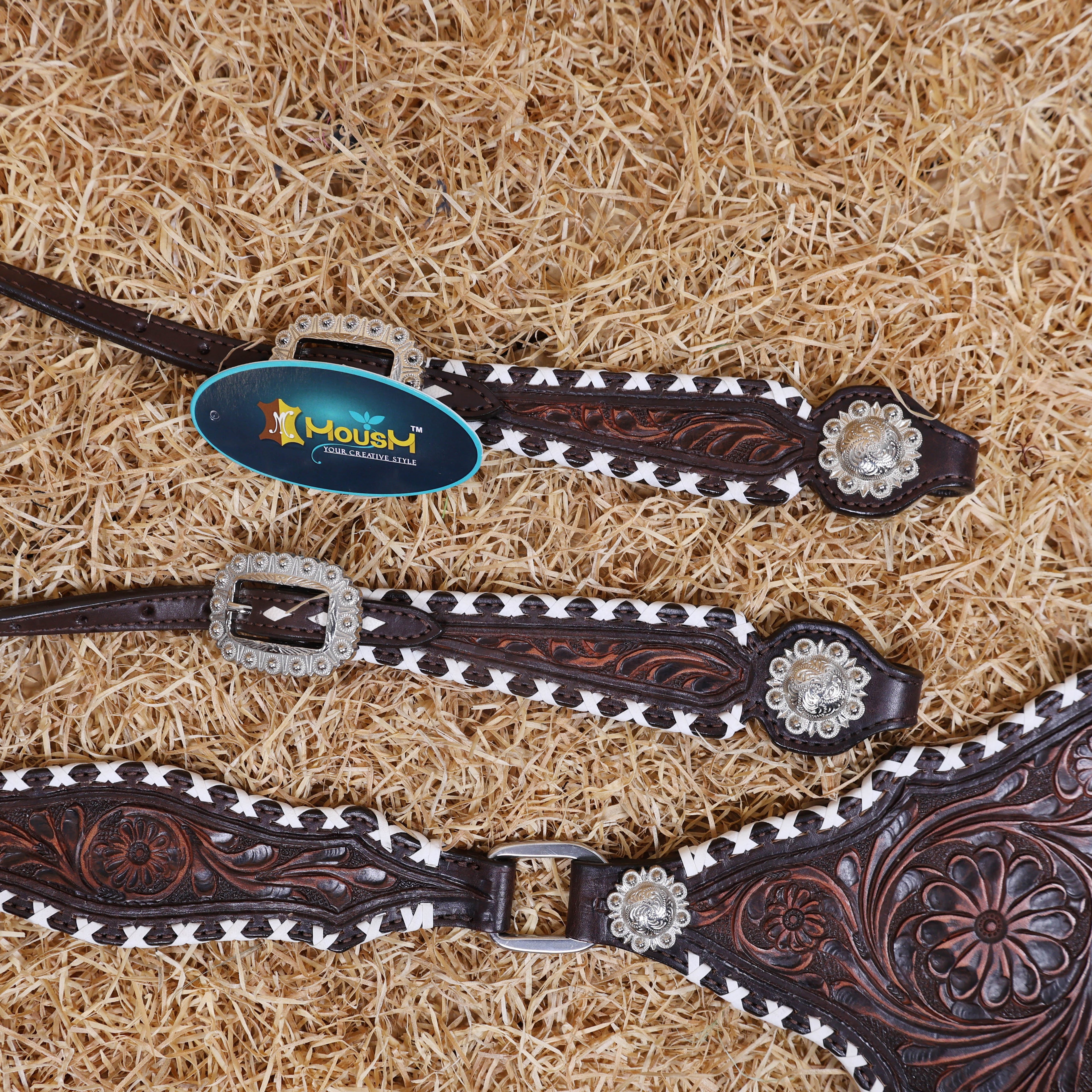MOUSM One Ear Headstall Set – Western Leather Horse Tack Set Decorated with Criss-Cross Rawhide Braiding and Hand-Tooled Flower Carvings, Featuring Antique Finish Nickel Hardware