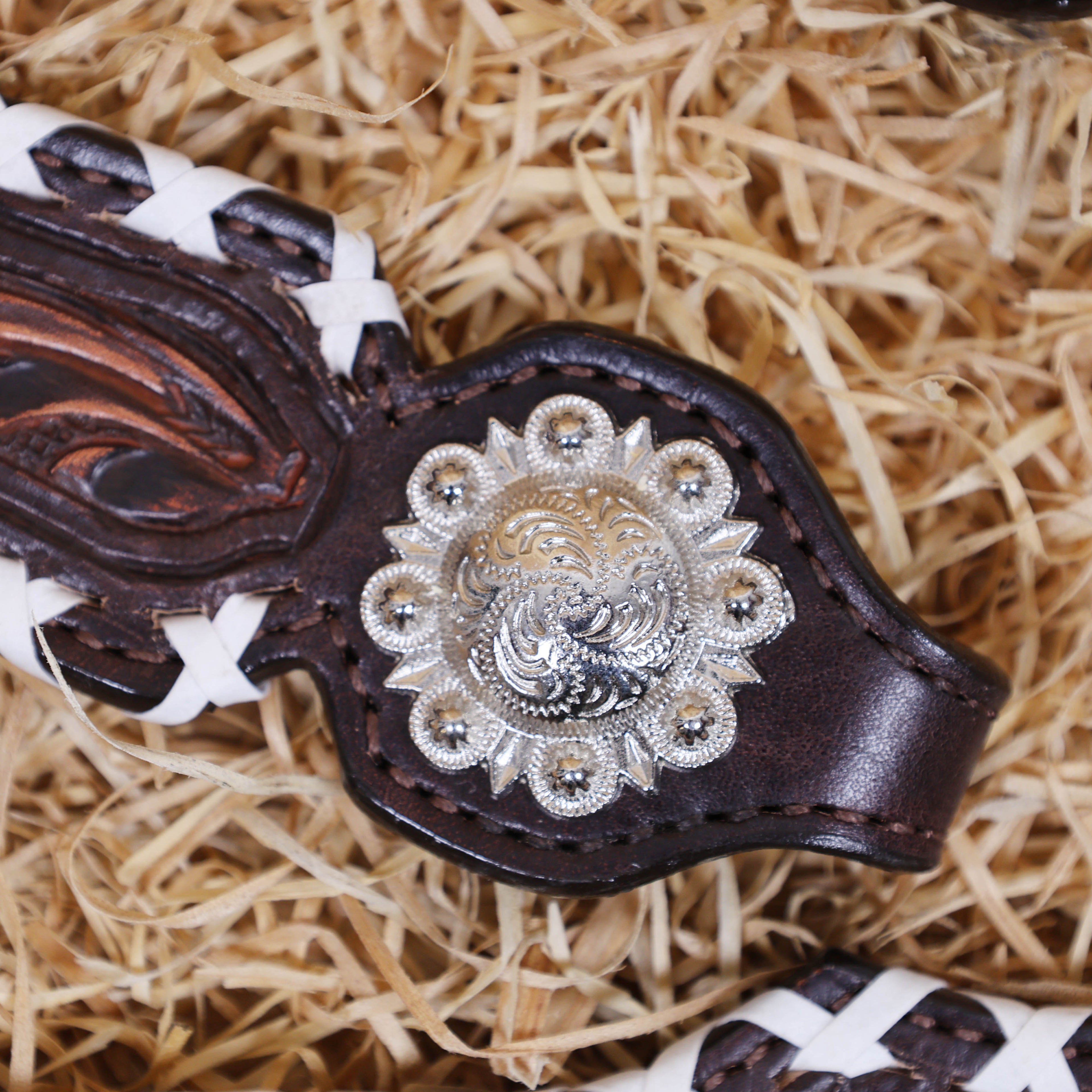 MOUSM One Ear Headstall Set – Western Leather Horse Tack Set Decorated with Criss-Cross Rawhide Braiding and Hand-Tooled Flower Carvings, Featuring Antique Finish Nickel Hardware