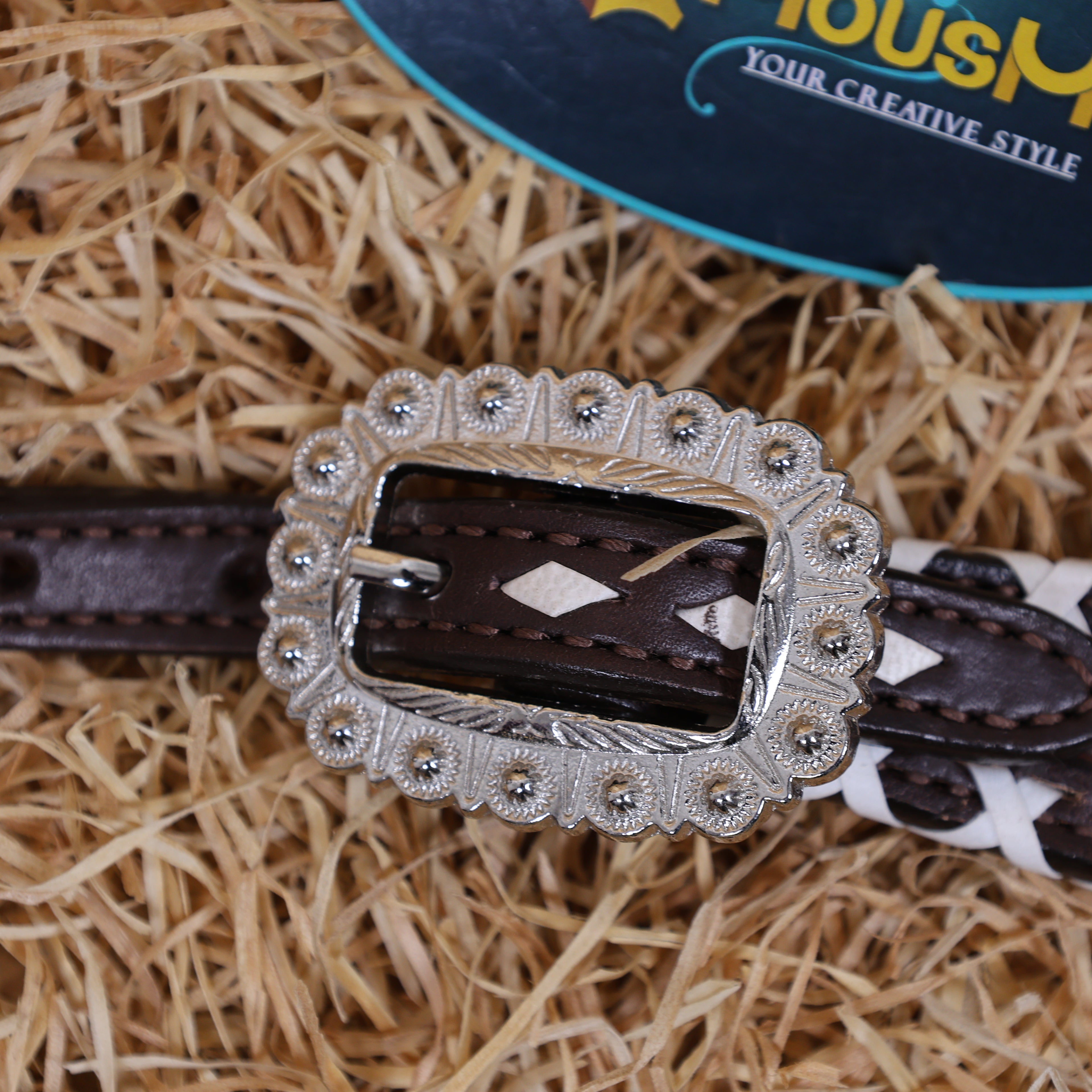 MOUSM One Ear Headstall Set – Western Leather Horse Tack Set Decorated with Criss-Cross Rawhide Braiding and Hand-Tooled Flower Carvings, Featuring Antique Finish Nickel Hardware